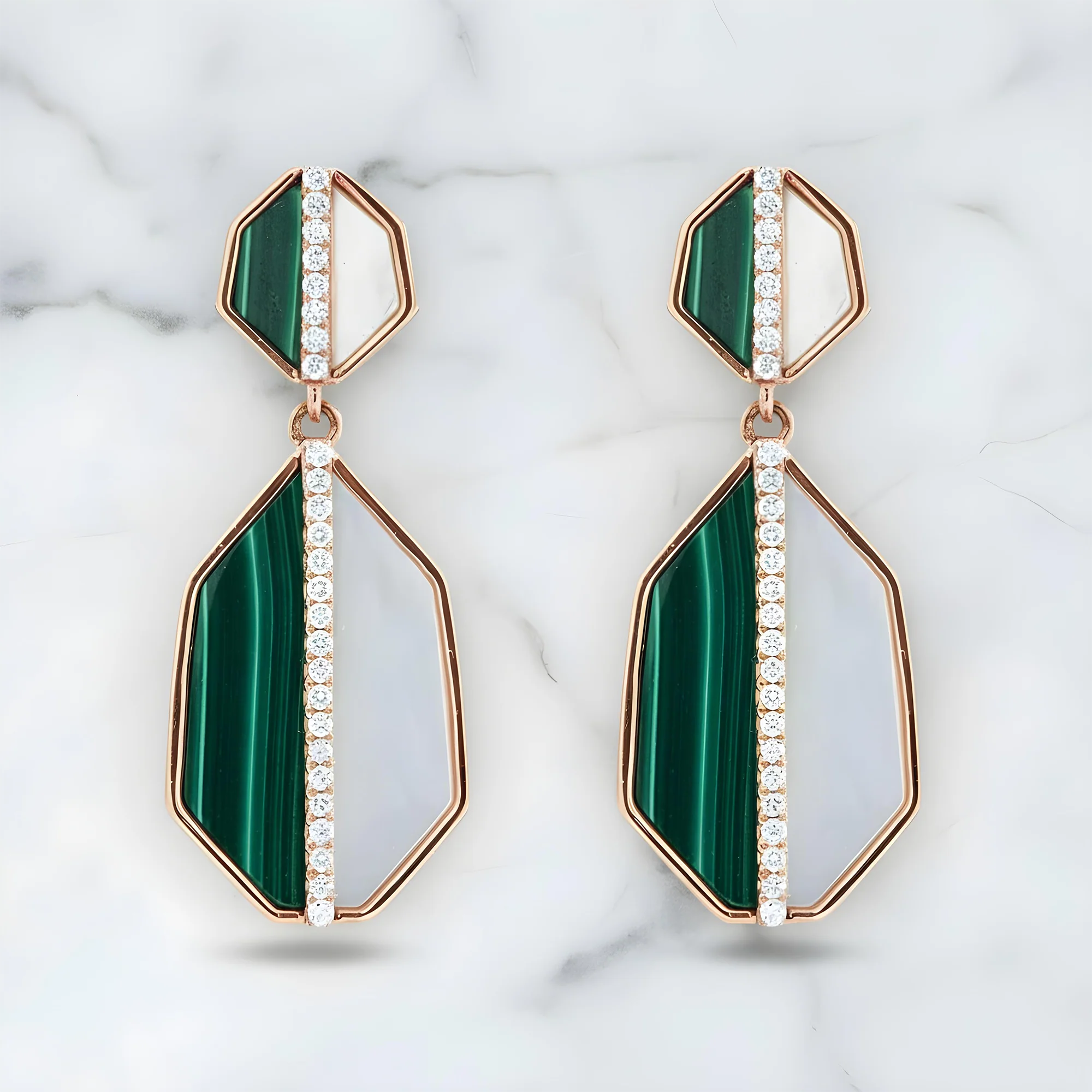 14K Yellow Gold Mother of Pearl/Malachite & Diamond Drop Earrings 0.25ctw - Image 8