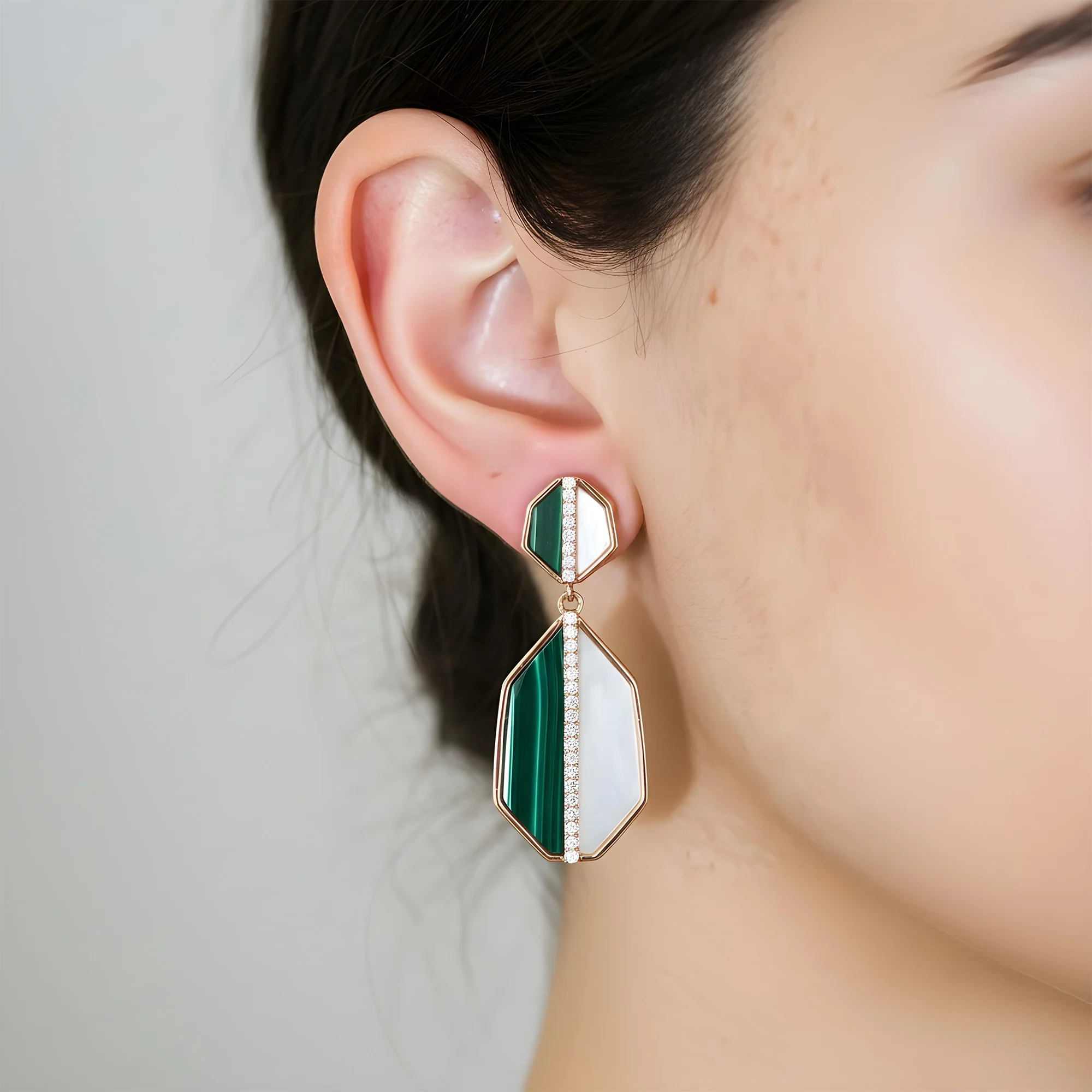 14K Yellow Gold Mother of Pearl/Malachite & Diamond Drop Earrings 0.25ctw - Image 9