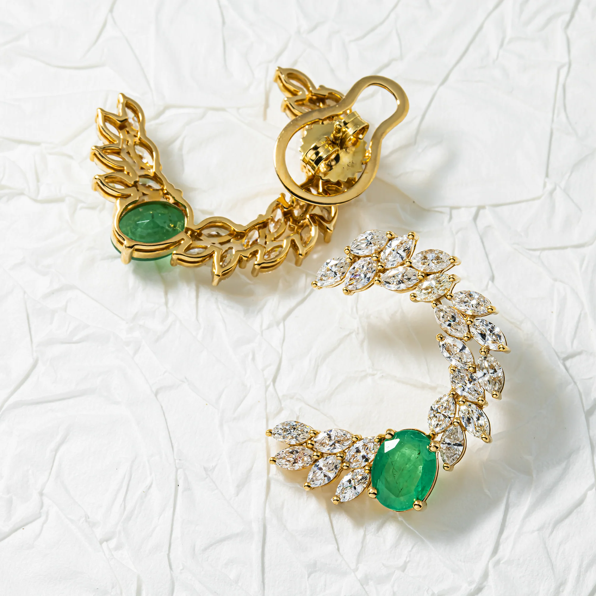14K Yellow Gold Oval Cut Emerald & Marquise Cut Diamond Open Hoop Earrings 5.92ctw - Image 3