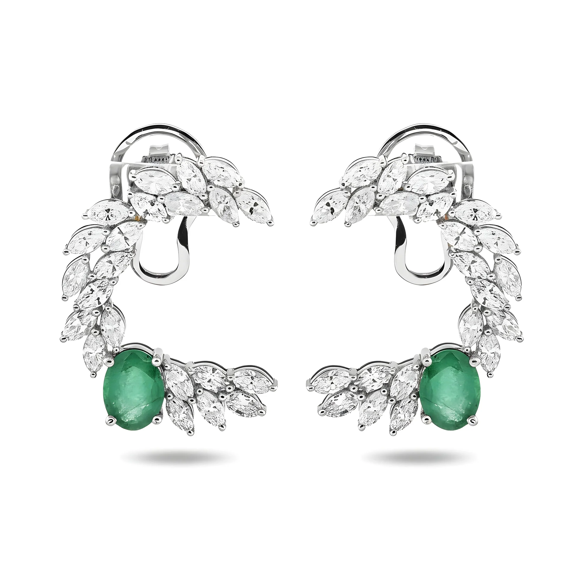 14K Yellow Gold Oval Cut Emerald & Marquise Cut Diamond Open Hoop Earrings 5.92ctw - Image 4