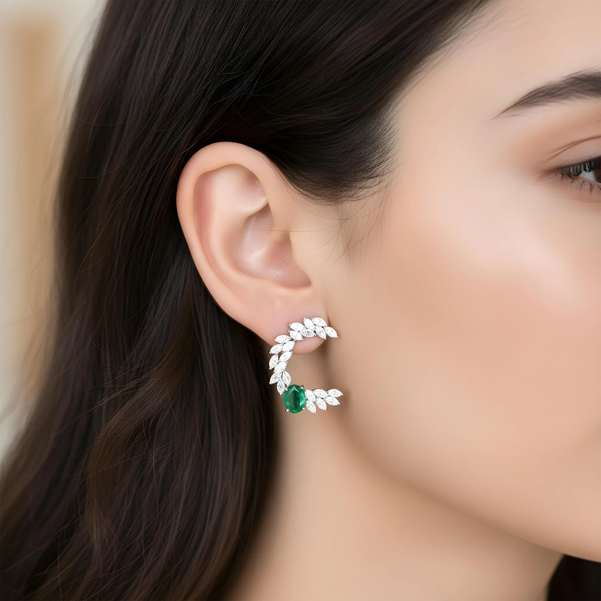14K Yellow Gold Oval Cut Emerald & Marquise Cut Diamond Open Hoop Earrings 5.92ctw - Image 6