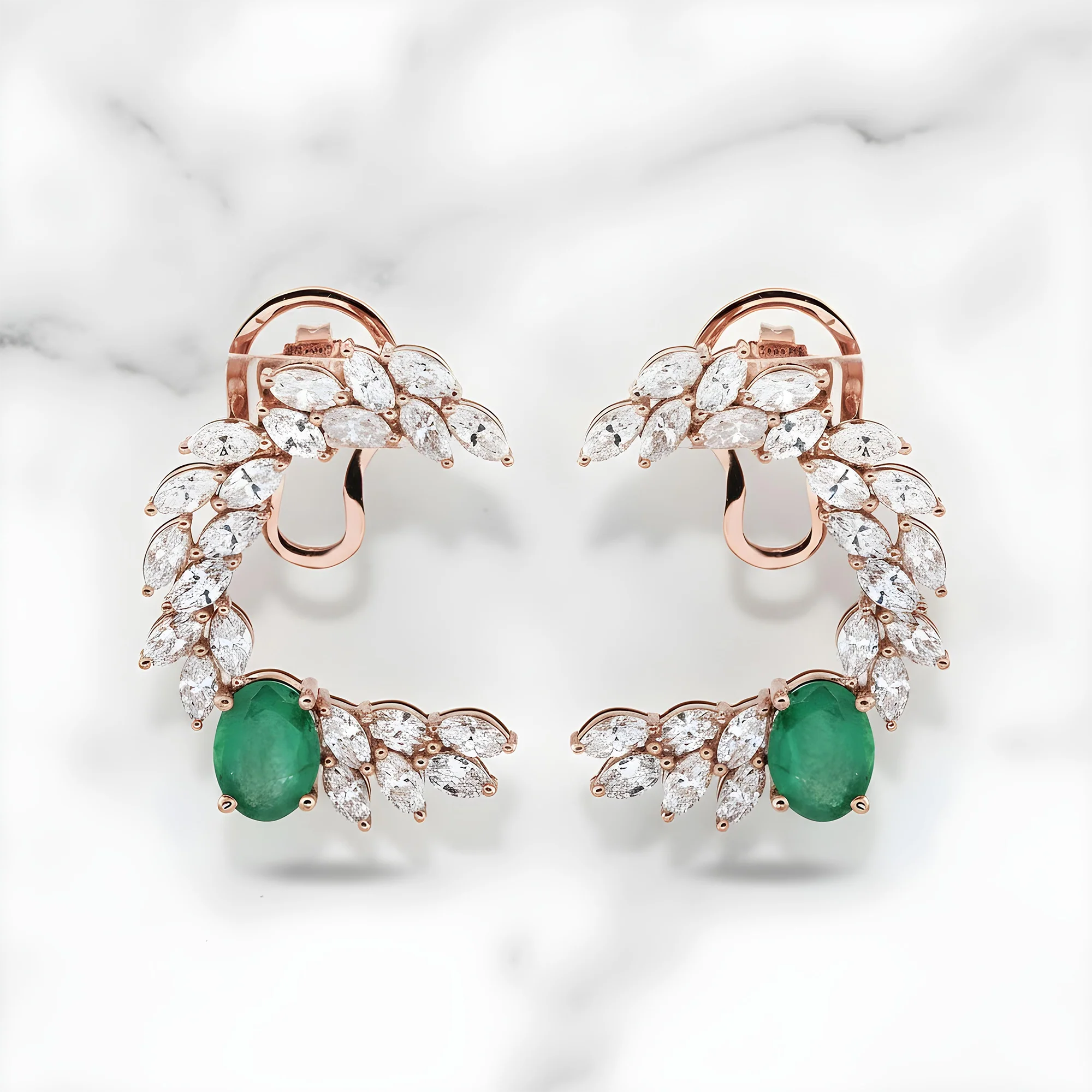 14K Yellow Gold Oval Cut Emerald & Marquise Cut Diamond Open Hoop Earrings 5.92ctw - Image 7