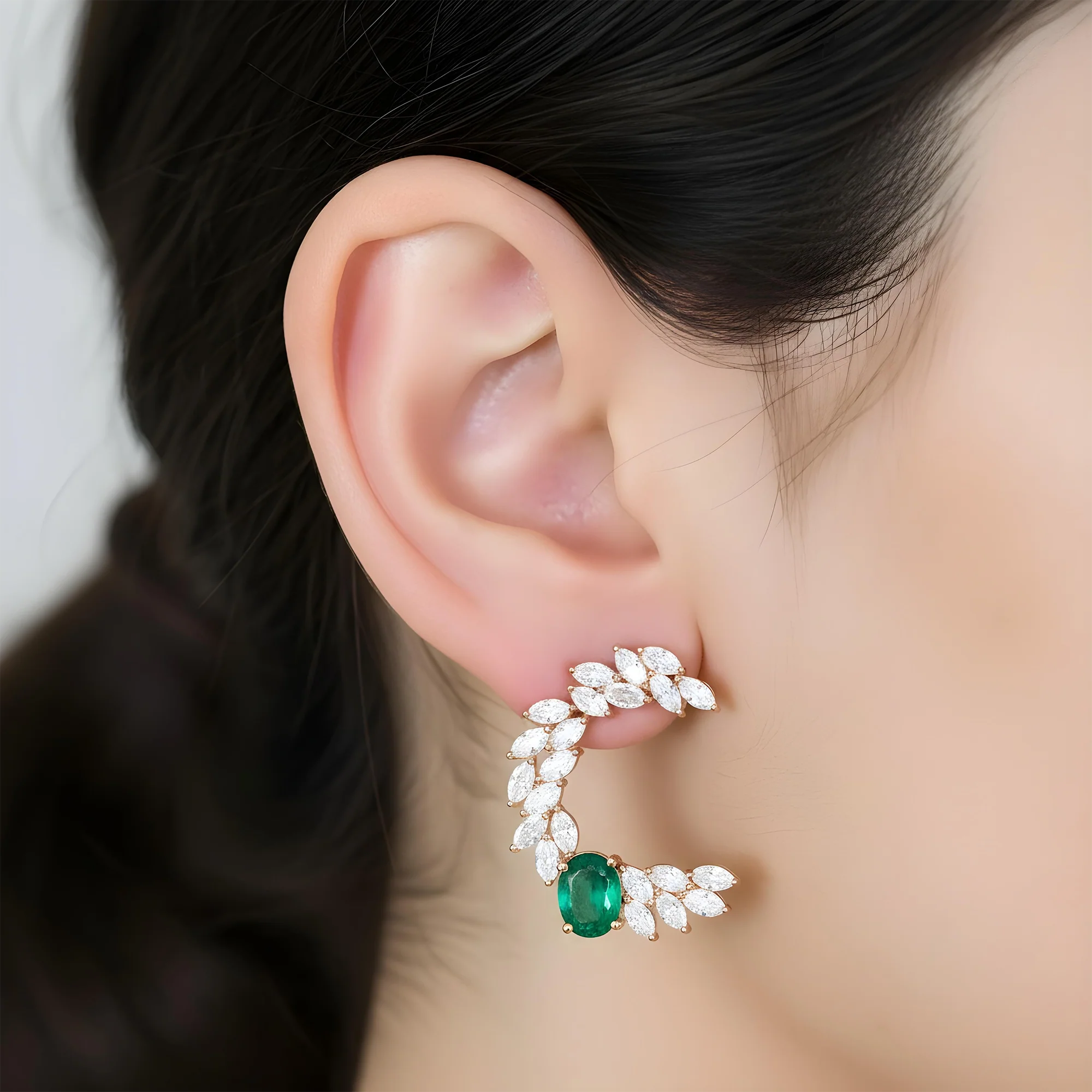 14K Yellow Gold Oval Cut Emerald & Marquise Cut Diamond Open Hoop Earrings 5.92ctw - Image 8