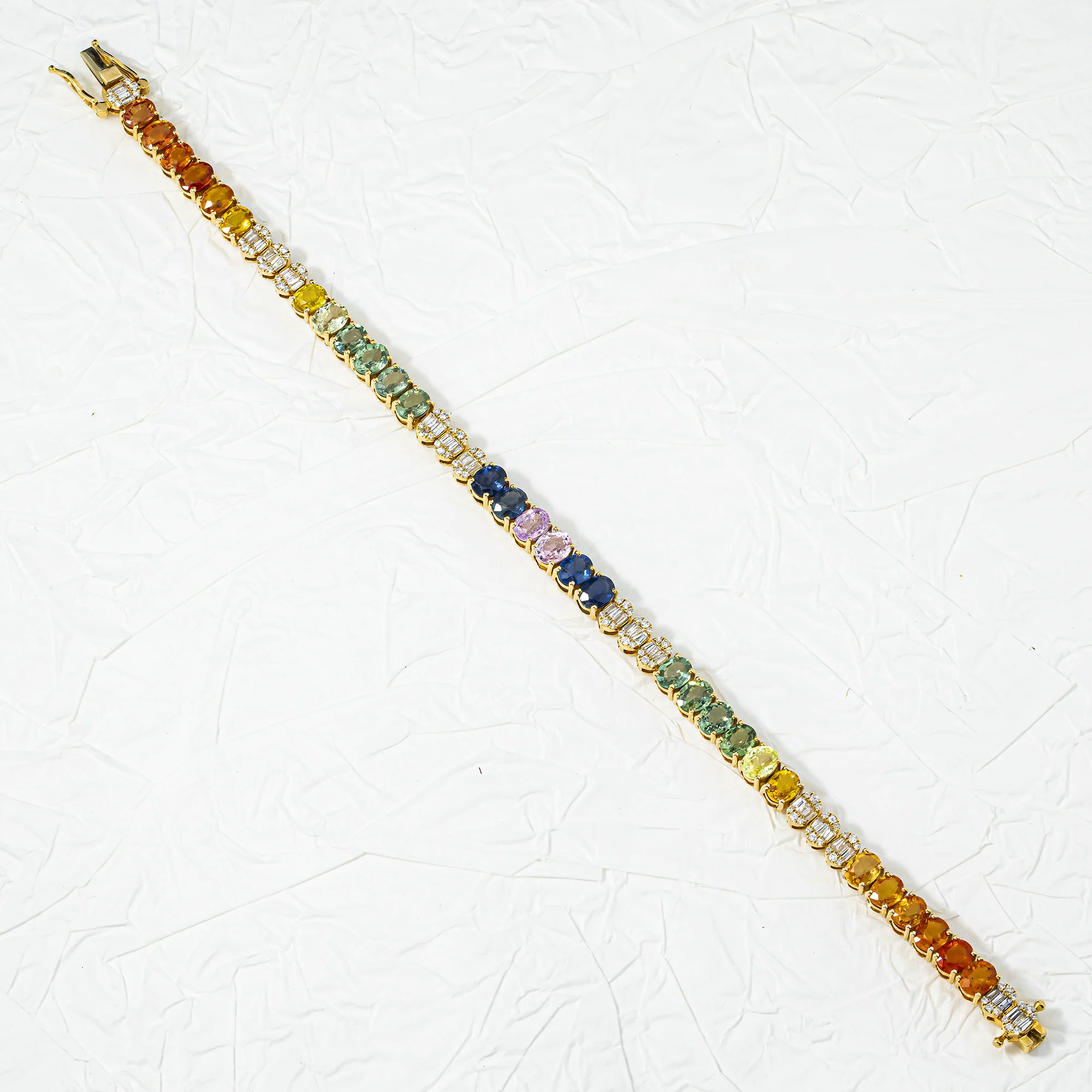 14K Yellow Gold Oval Cut Rainbow Gemstone & Diamond Bracelet 14.42ct - Image 4