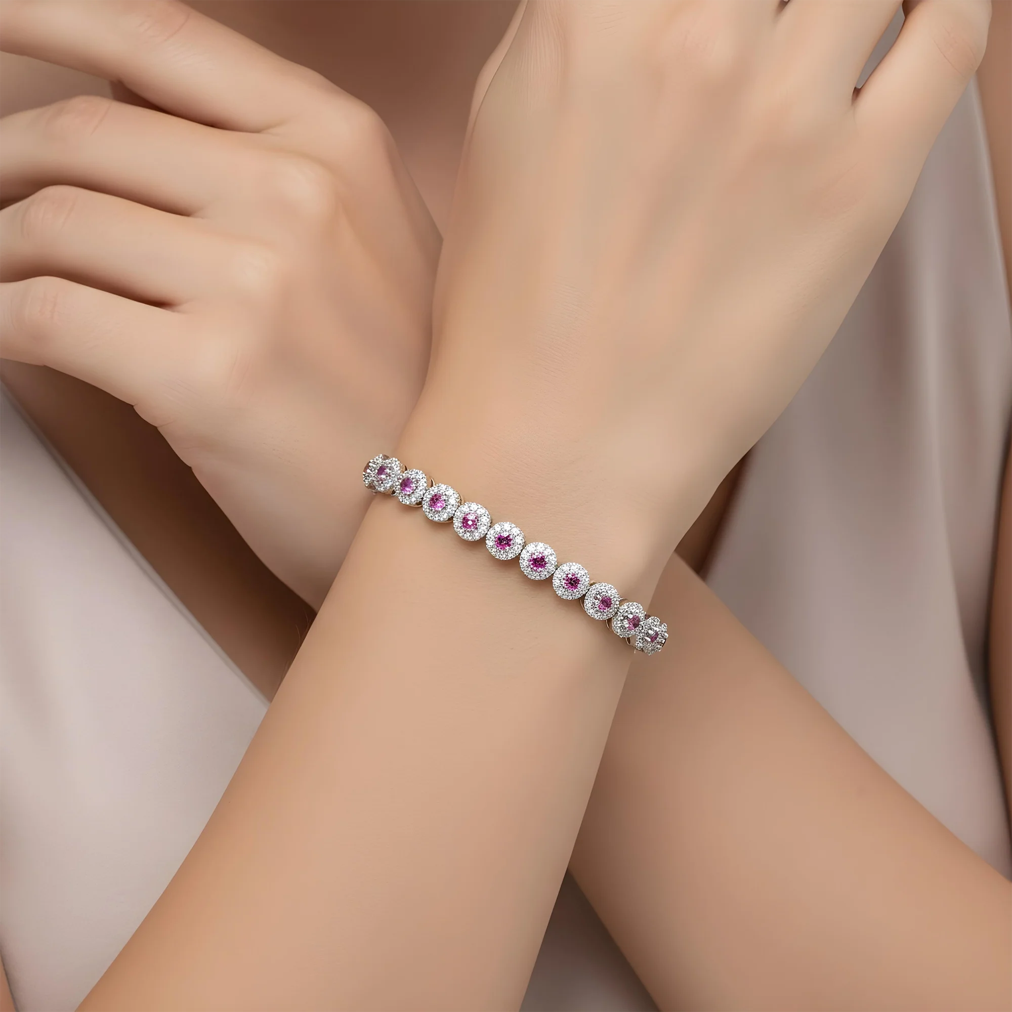 14K Yellow Gold Pink Sapphire & Diamond Bracelet - Image 6
