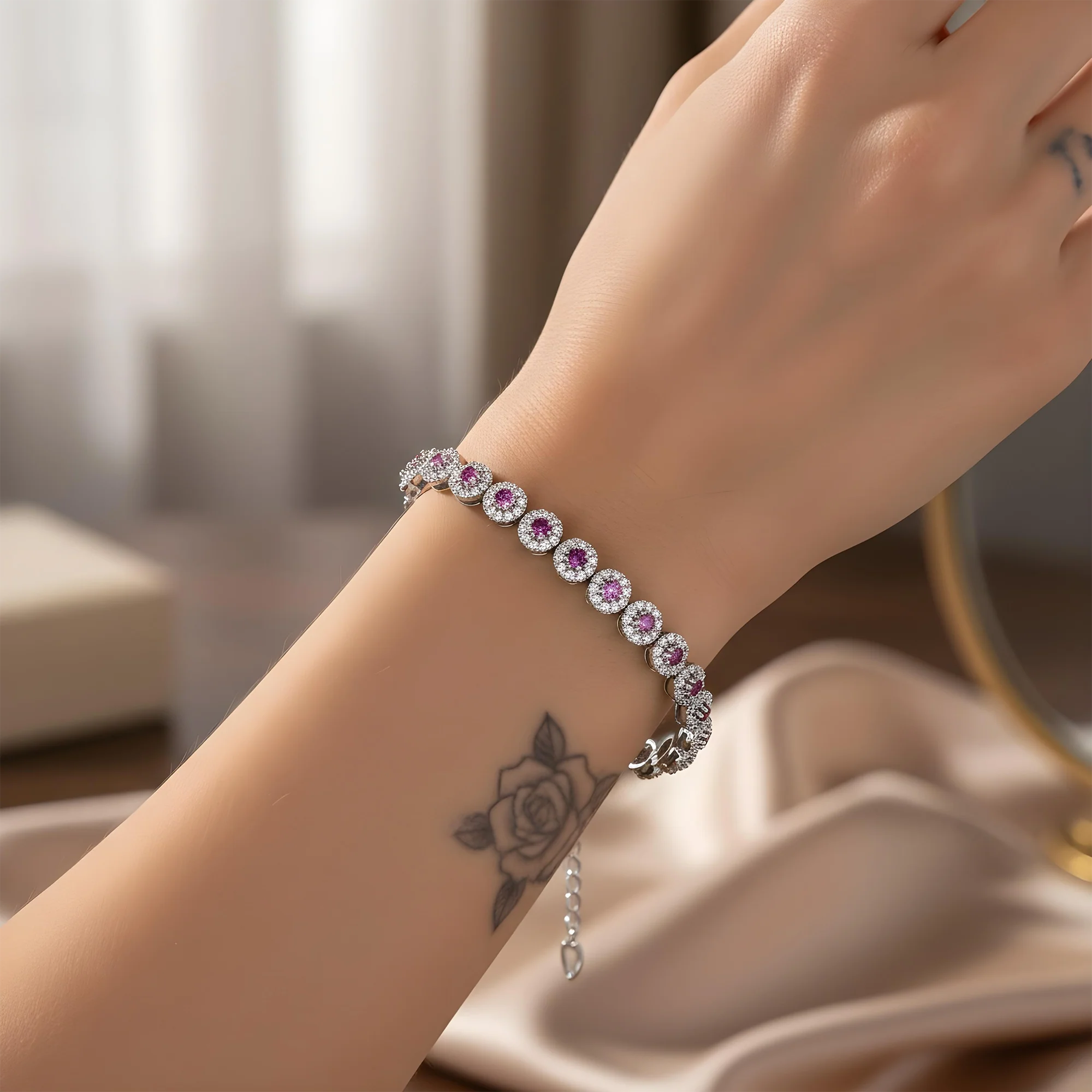 14K Yellow Gold Pink Sapphire & Diamond Bracelet - Image 7