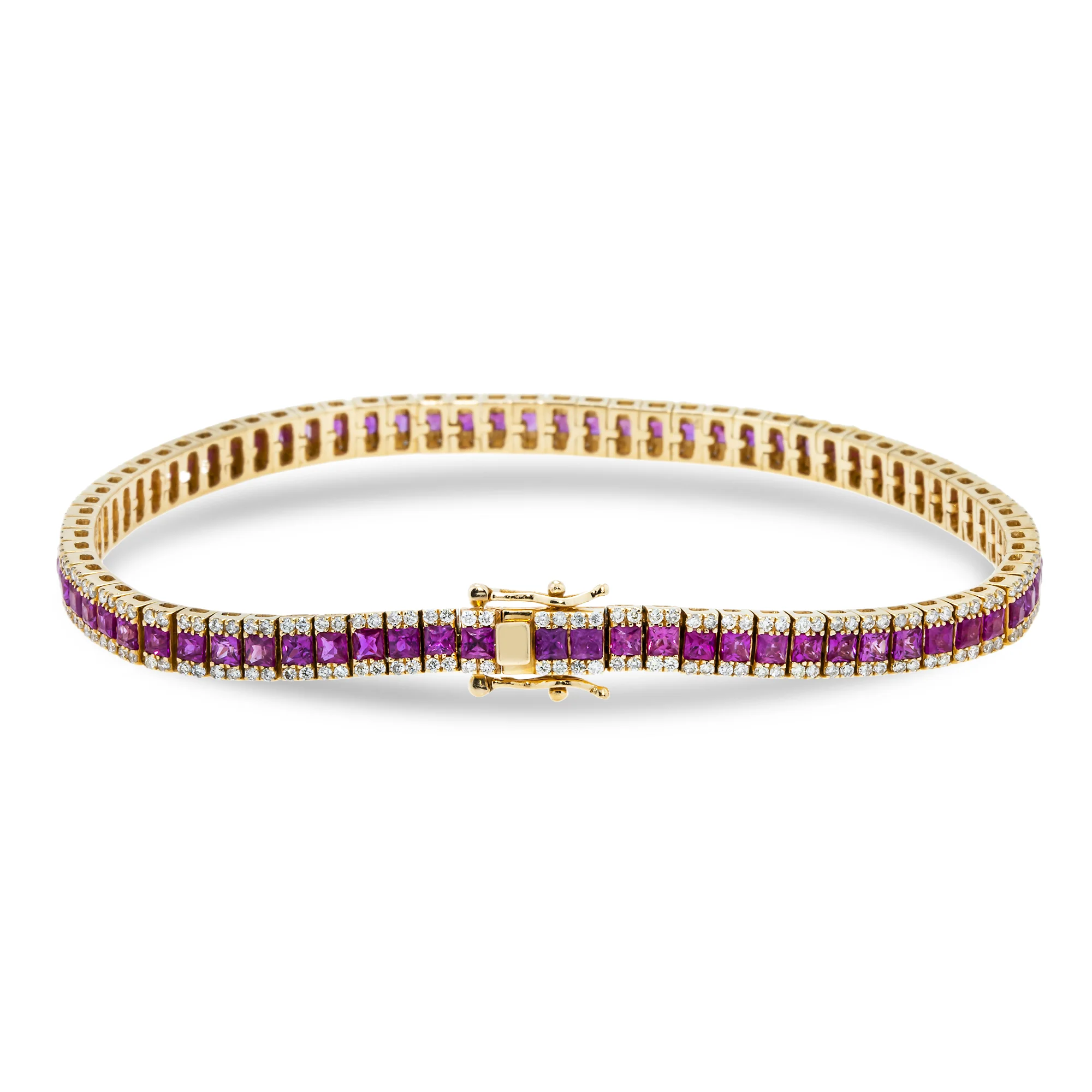 14K Yellow Gold Princess Cut Ruby & Round Diamond Bracelet - Image 3