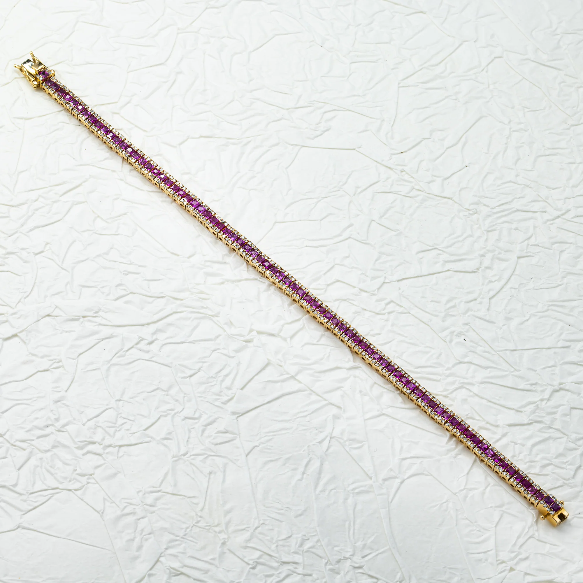14K Yellow Gold Princess Cut Ruby & Round Diamond Bracelet - Image 4