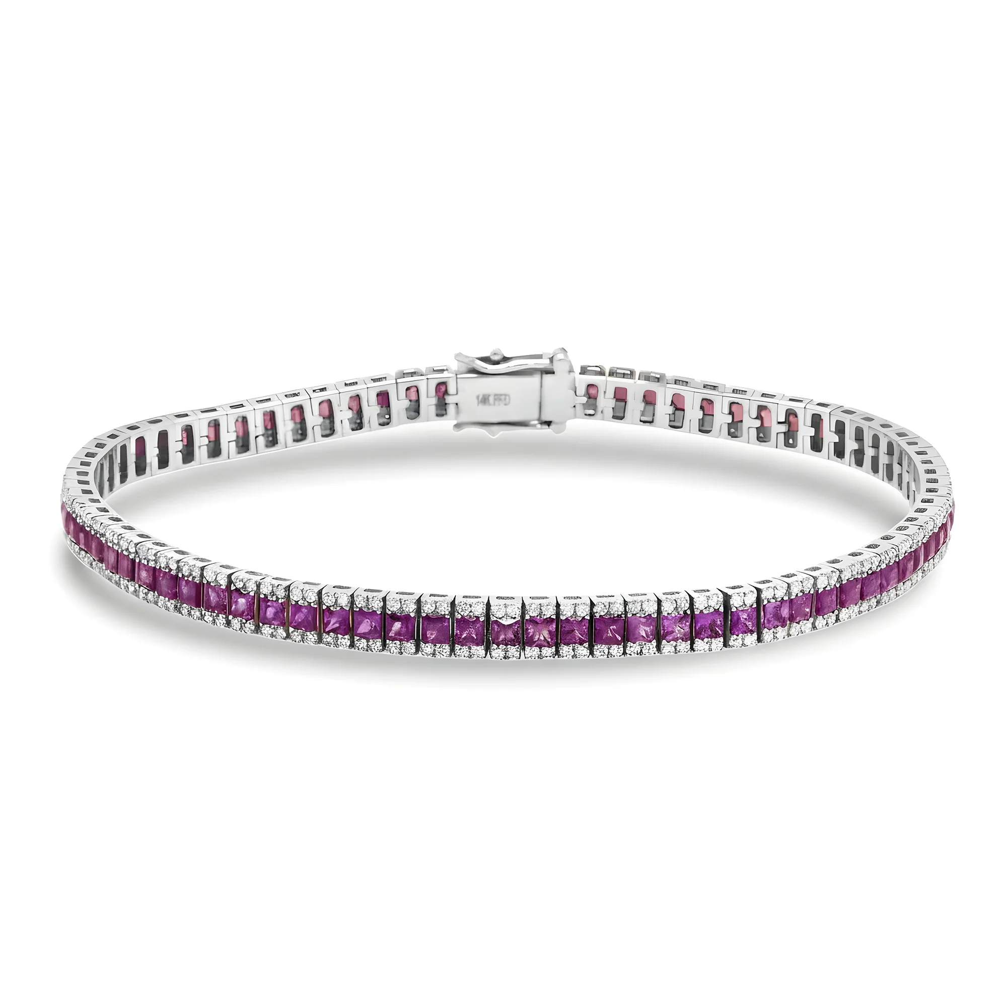 14K Yellow Gold Princess Cut Ruby & Round Diamond Bracelet - Image 5