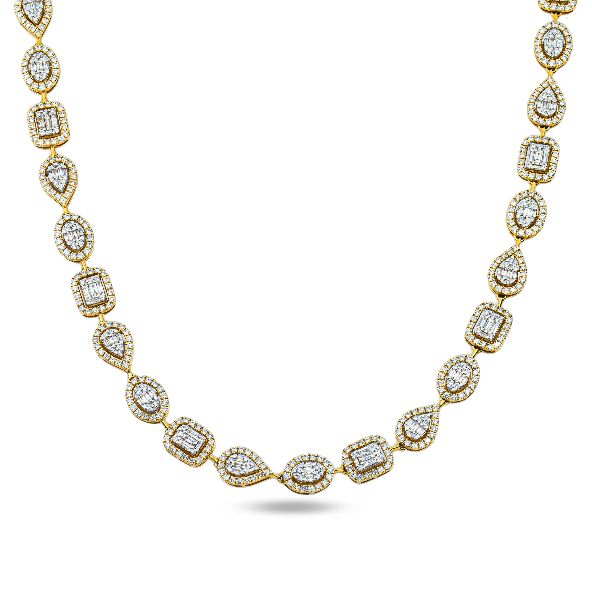 14K Yellow Gold Round & Baguette Cut Diamond Satellite Necklace 12.38ct