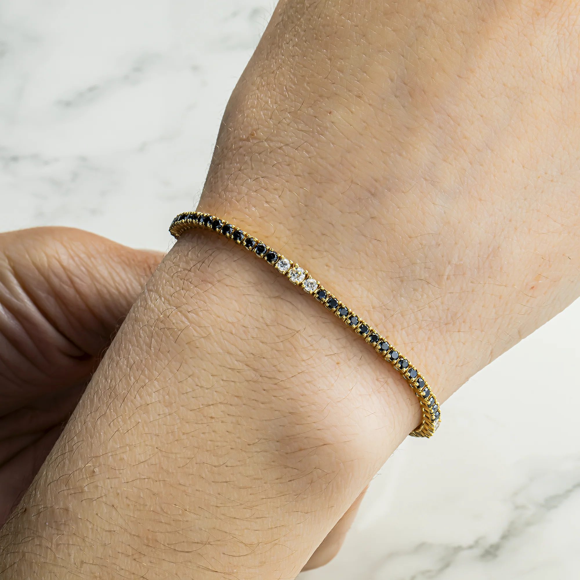 14K Yellow Gold Round Black & White Diamond Tennis Bracelet 2.90ct - Image 2