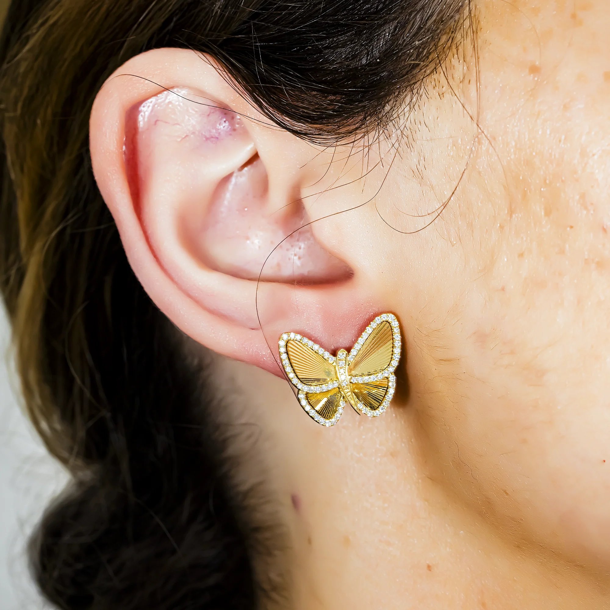14K Yellow Gold Round Diamond Butterfly Stud Earrings 0.56ctw - Image 5