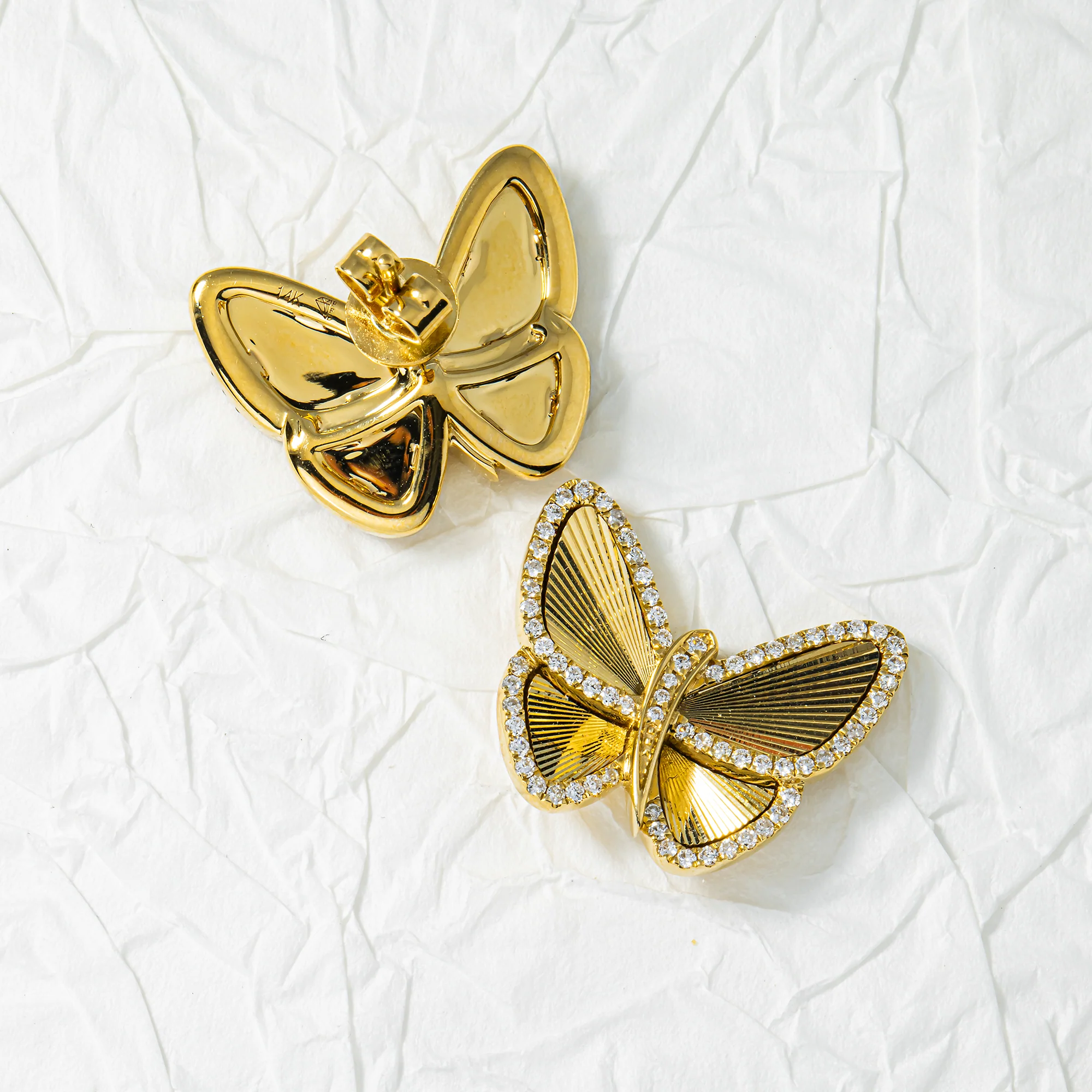 14K Yellow Gold Round Diamond Butterfly Stud Earrings 0.56ctw - Image 6