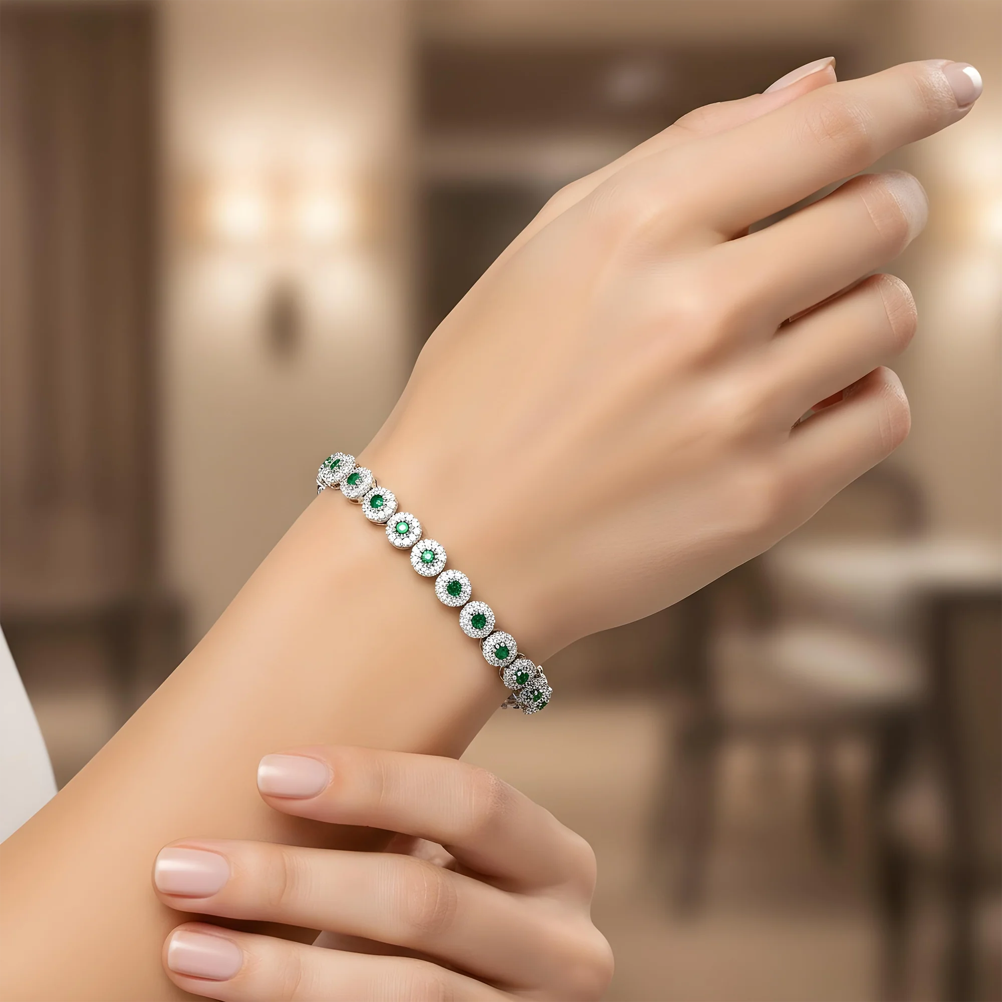 14K Yellow Gold Round Diamond & Emerald Bracelet 4.16ct - Image 6