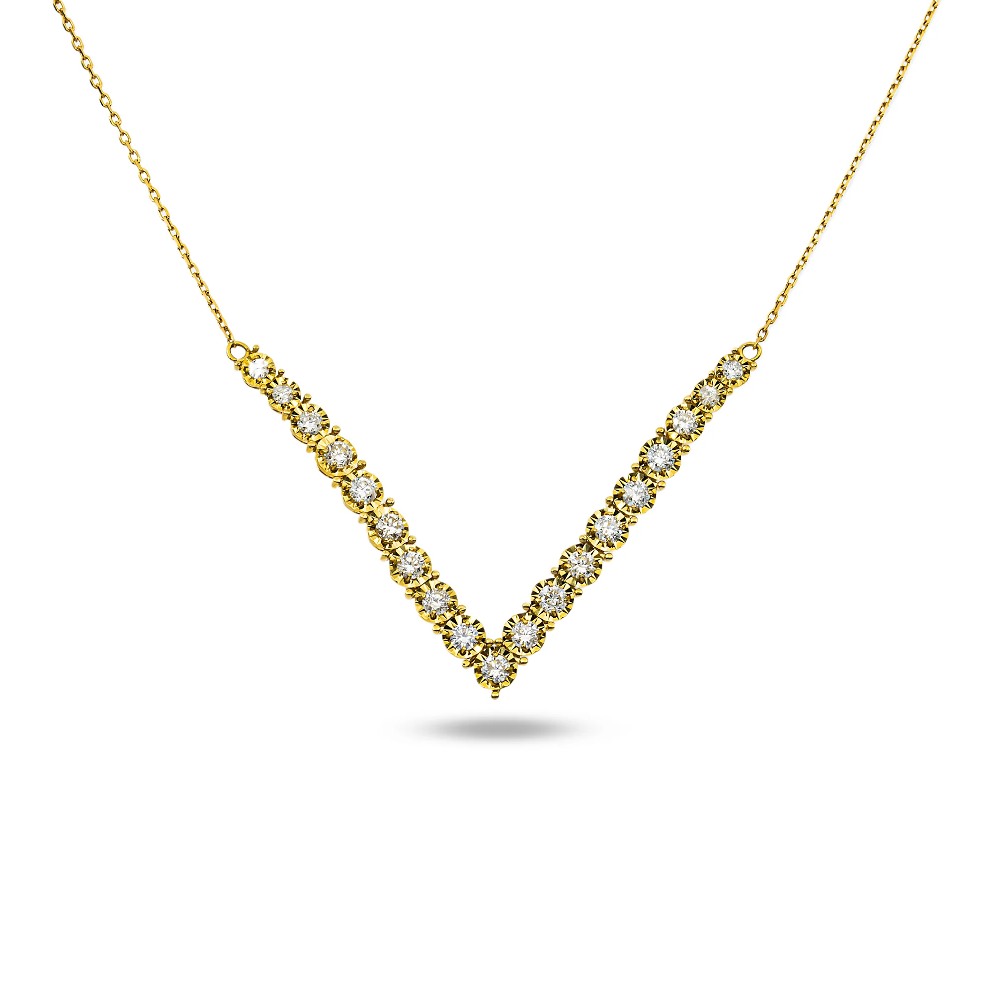 14K Yellow Gold Round Diamond V-Shape Drop Necklace 1.0ct