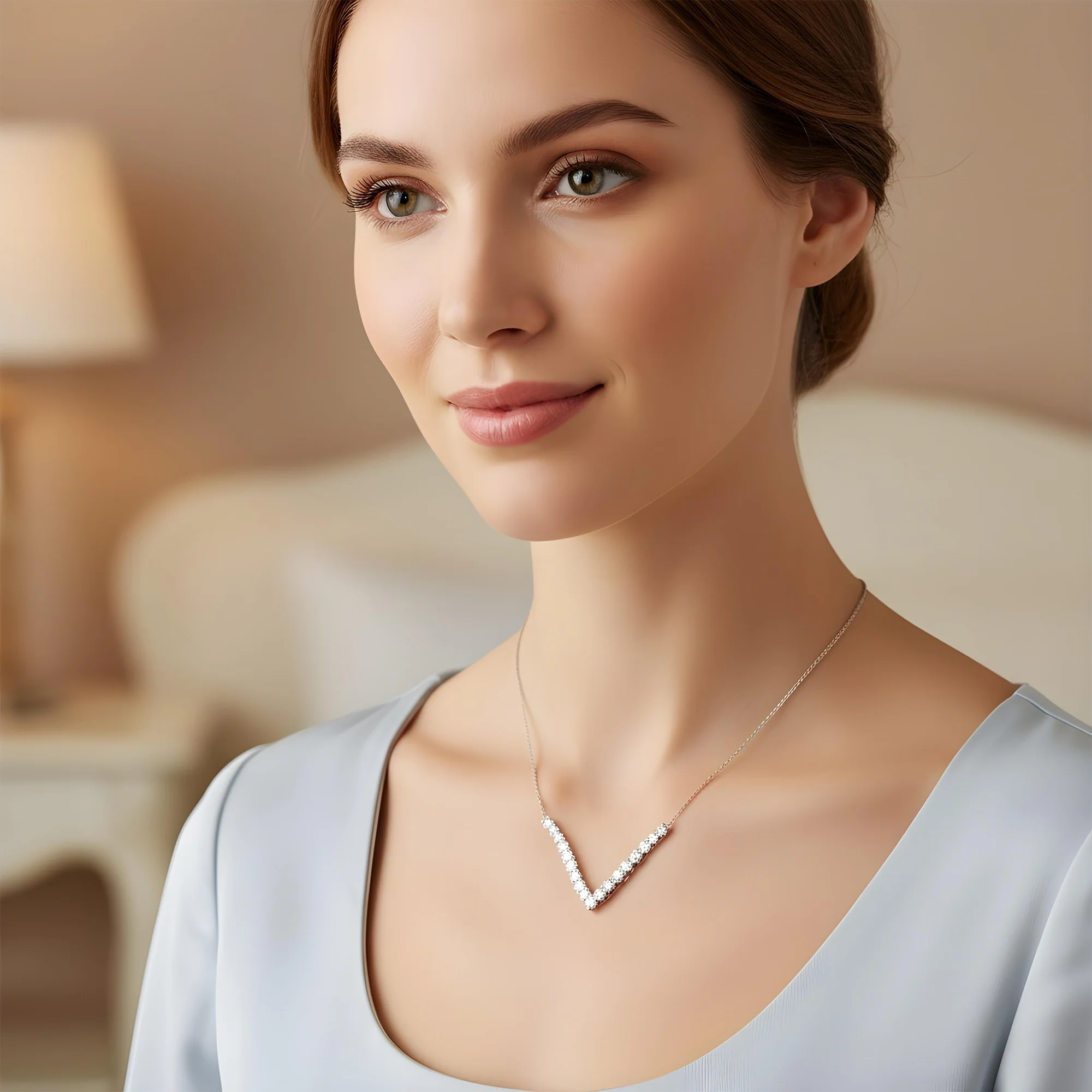 14K Yellow Gold Round Diamond V-Shape Drop Necklace 1.0ct - Image 5