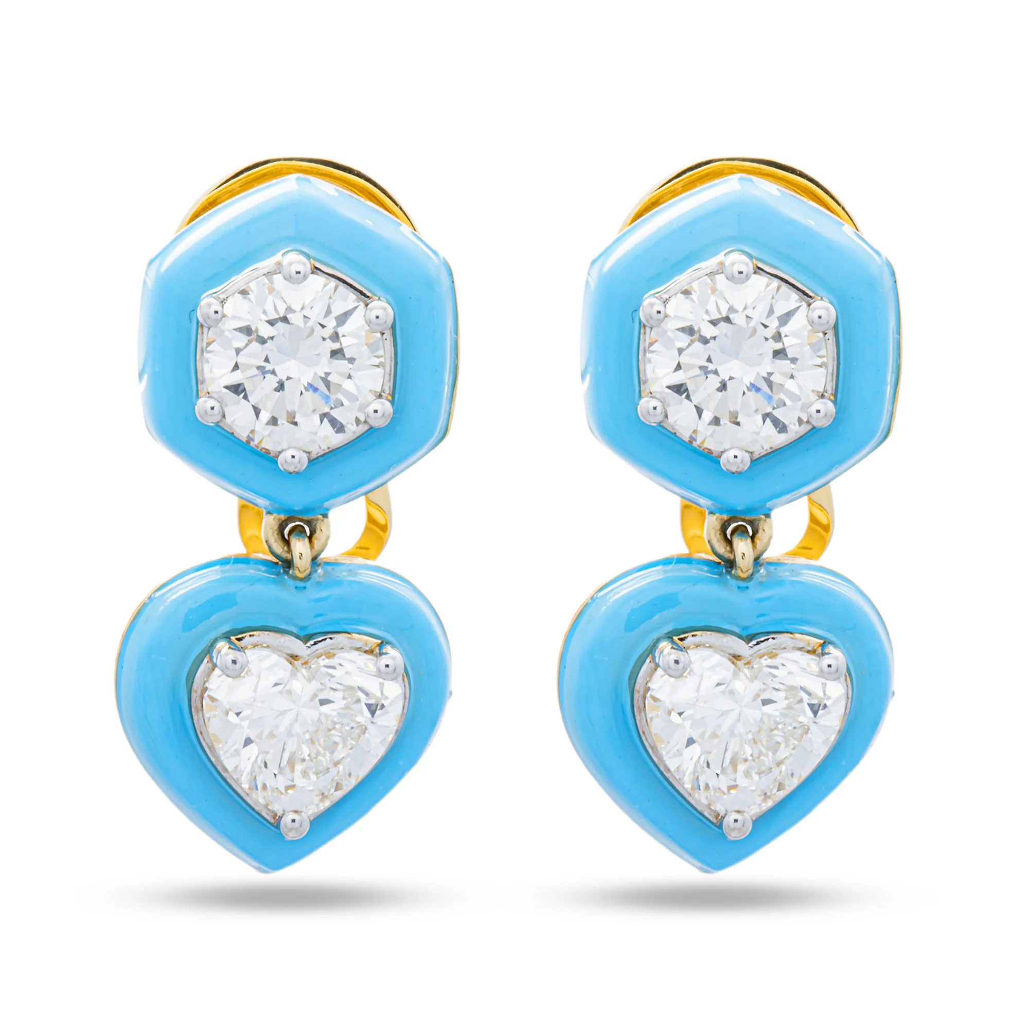 14K Yellow Gold Round & Heart Blue Enamel Stud Earrings 4.19ctw