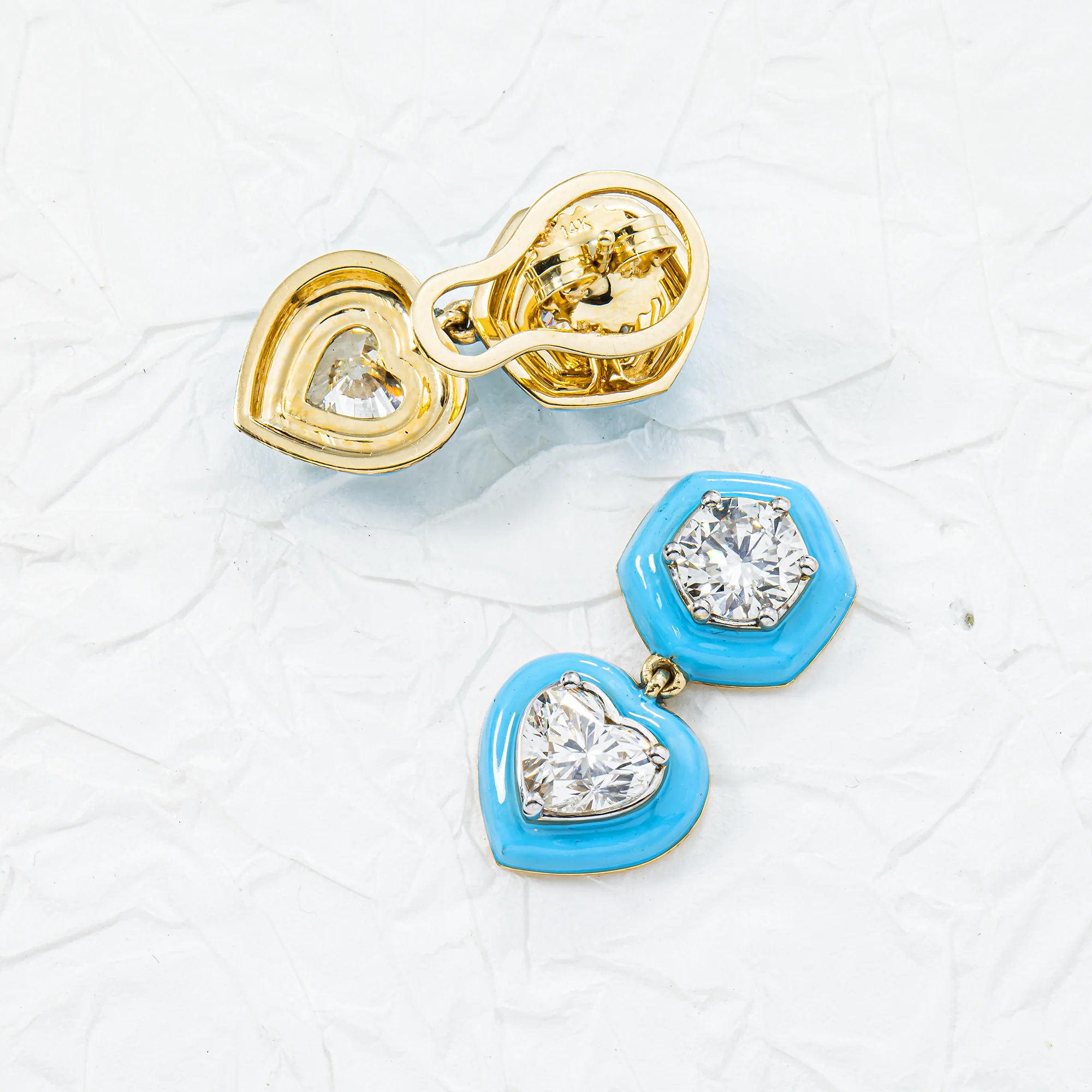 14K Yellow Gold Round & Heart Blue Enamel Stud Earrings 4.19ctw - Image 2