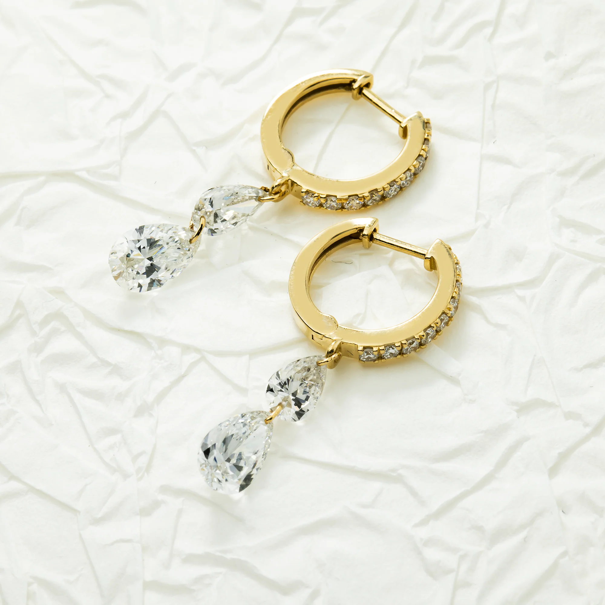 14K Yellow Gold Round & Pear Cut Diamond Huggie Drop Earrings 2.55ctw - Image 3