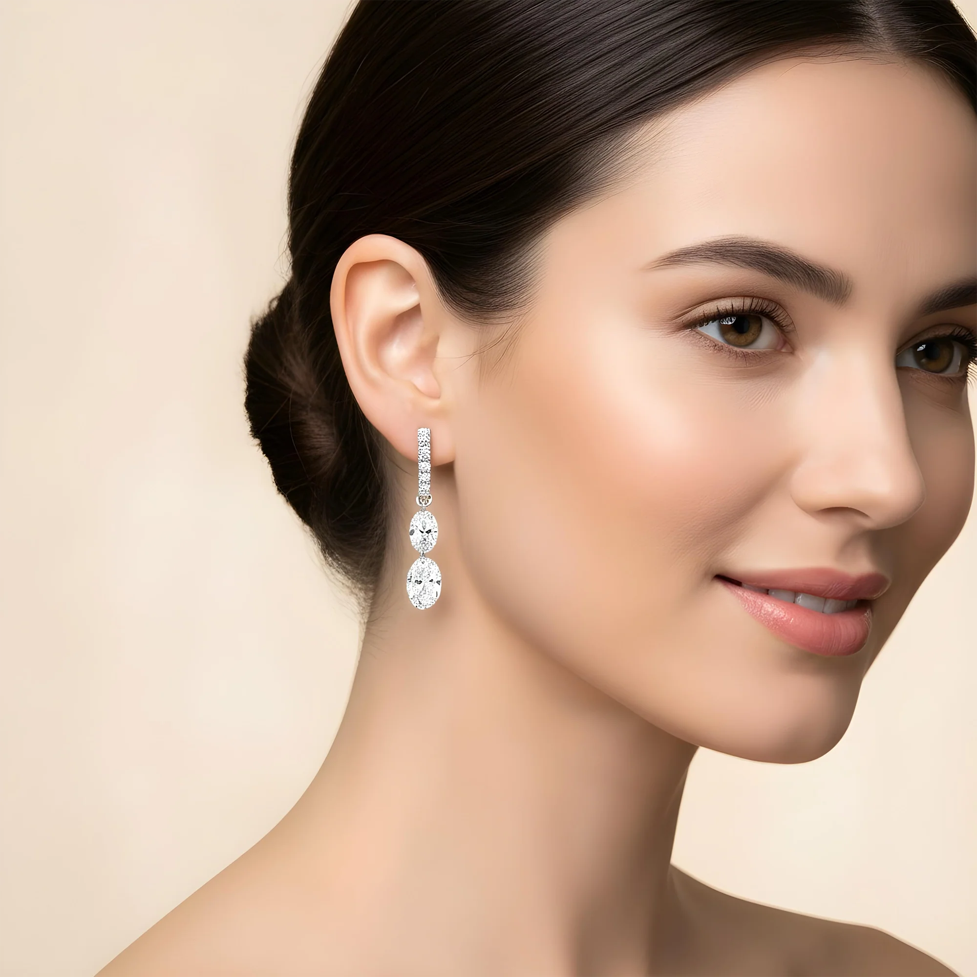14K Yellow Gold Oval & Pear Cut Diamond Huggie Drop Earrings 2.67ctw - Image 7