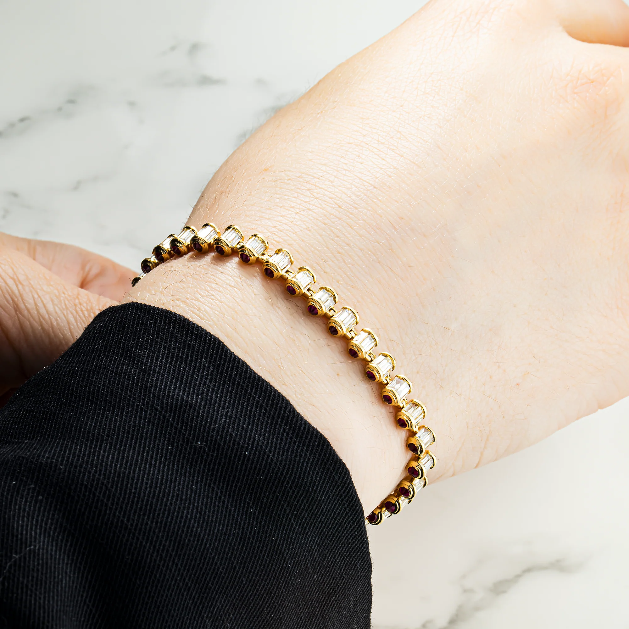 14K Yellow Gold Ruby & Baguette Cut Diamond Tennis Bracelet 7.71ct - Image 2