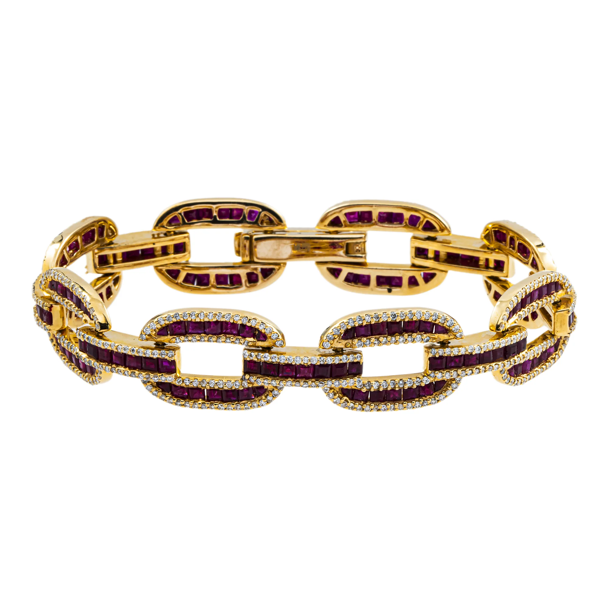 14K Yellow Gold Ruby & Diamond Hermes Link Chain Bracelet 12.09ct