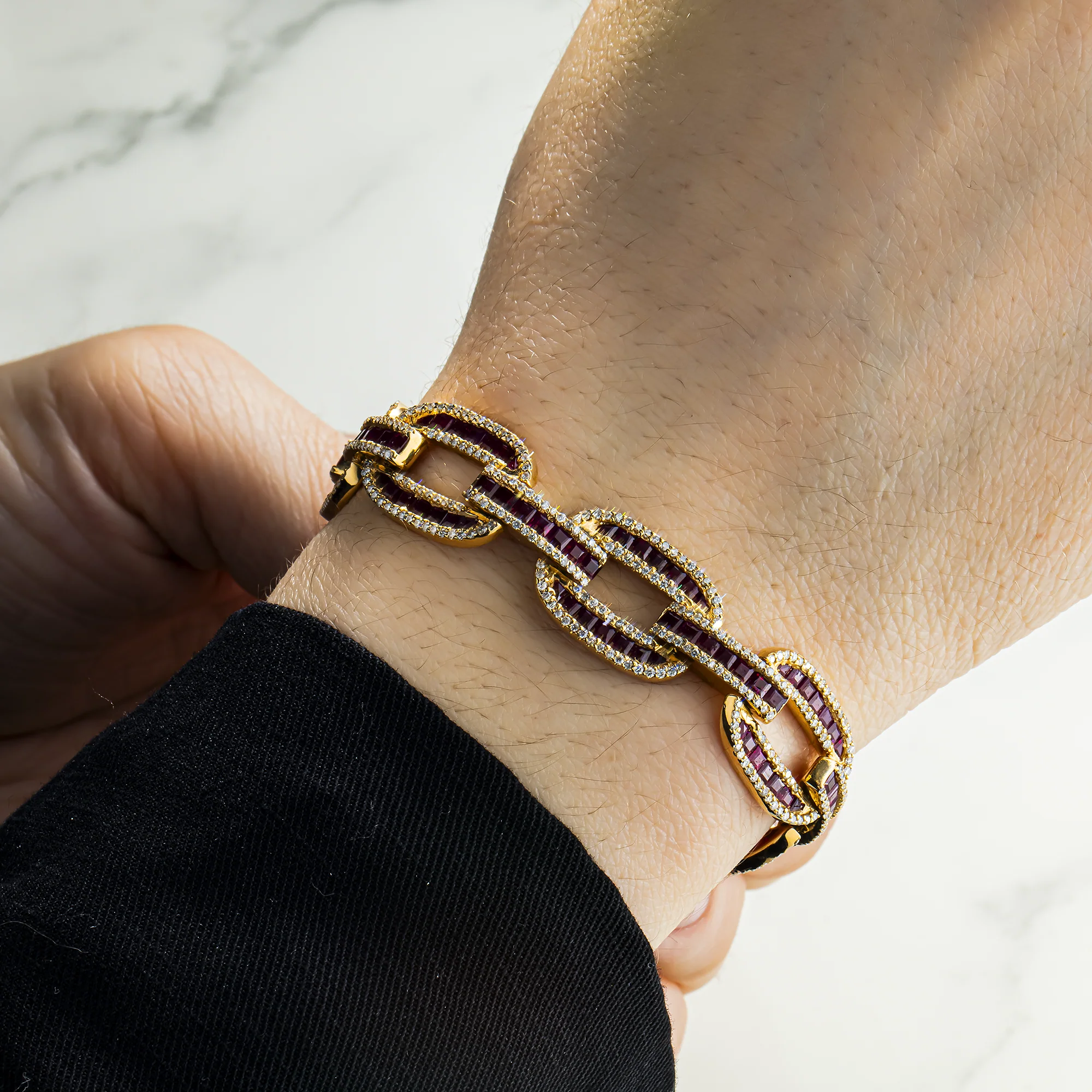 14K Yellow Gold Ruby & Diamond Hermes Link Chain Bracelet 12.09ct - Image 2