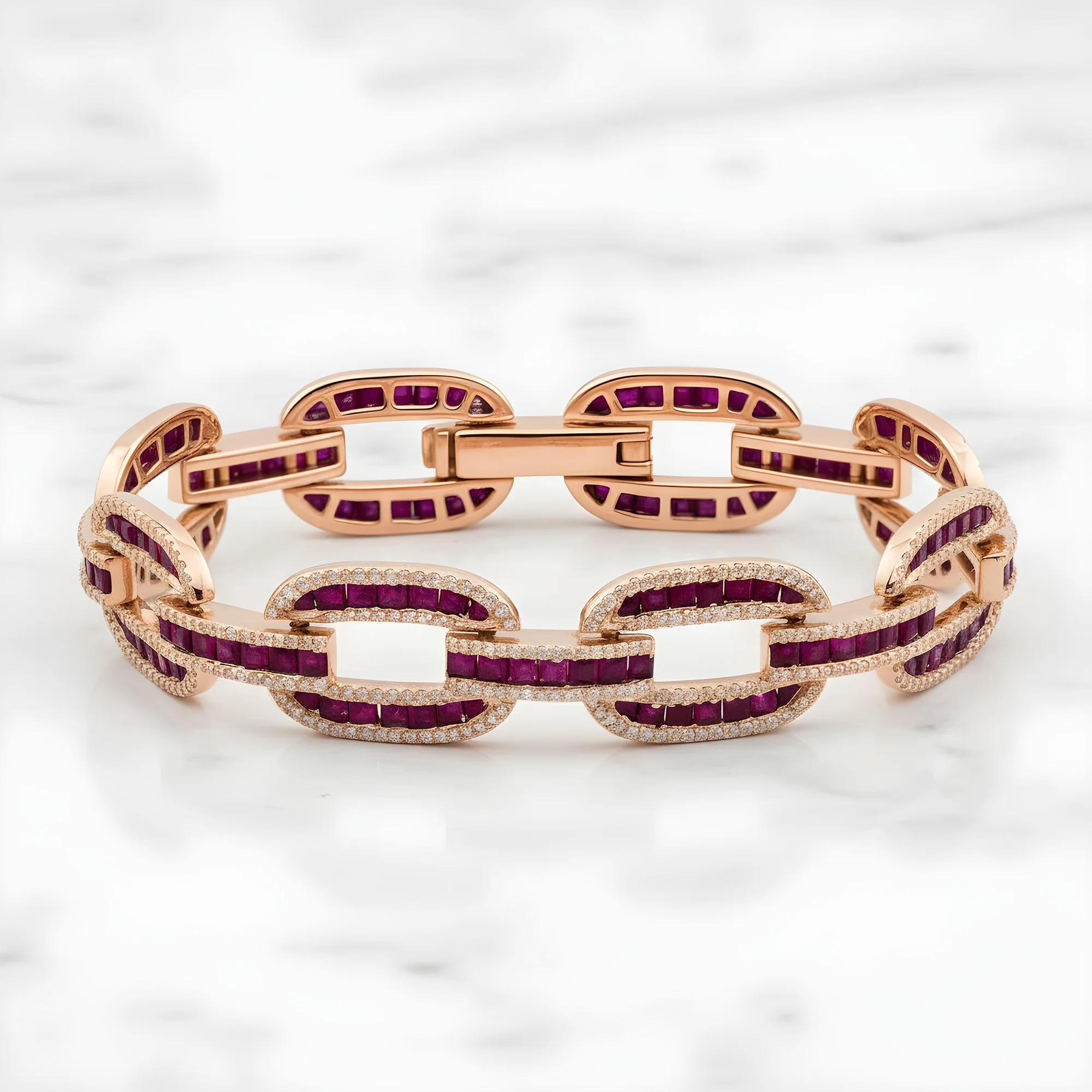 14K Yellow Gold Ruby & Diamond Hermes Link Chain Bracelet 12.09ct - Image 8