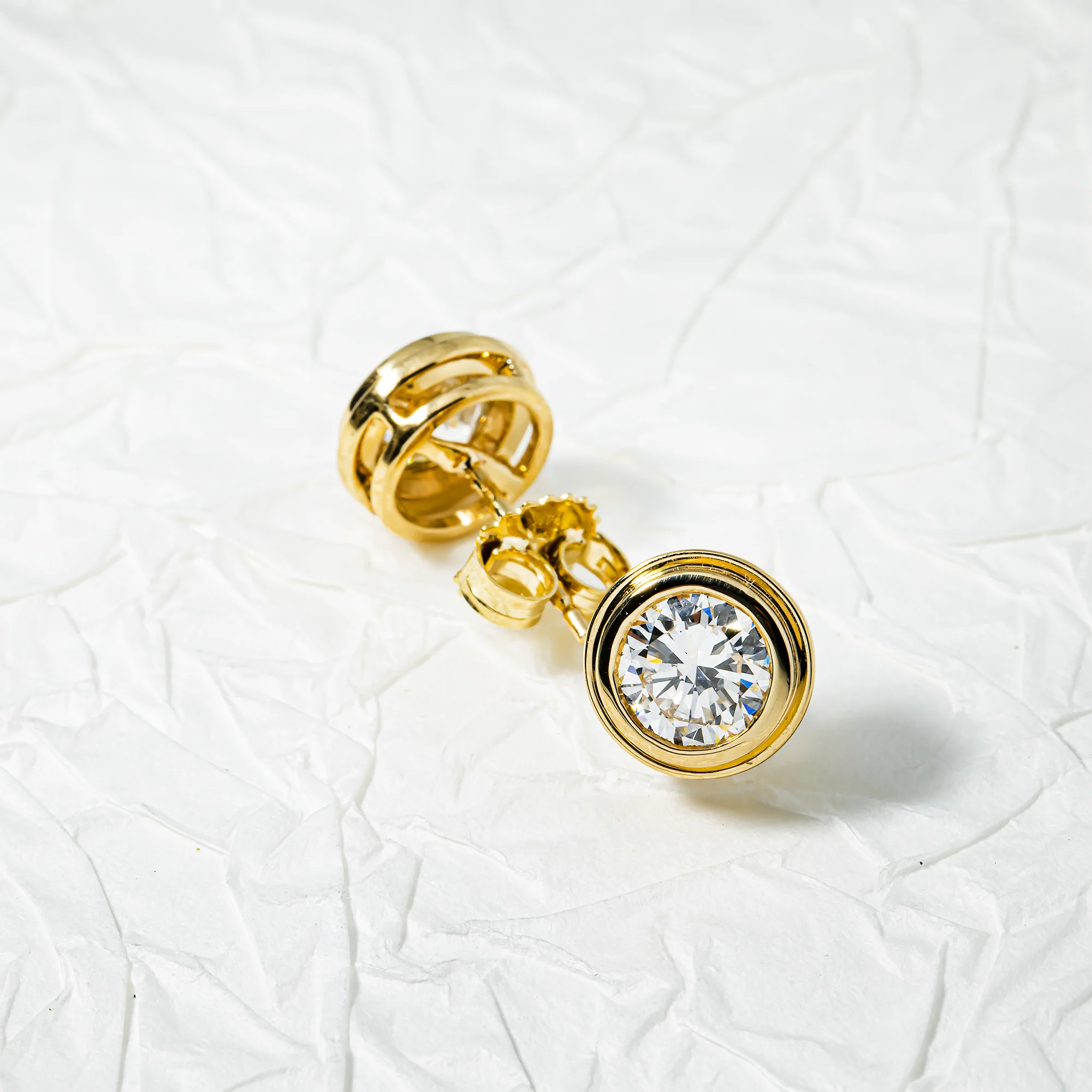 14K Yellow Gold Bezel Set Solitaire Round Diamond Stud Earrings 2.05ctw - Image 3