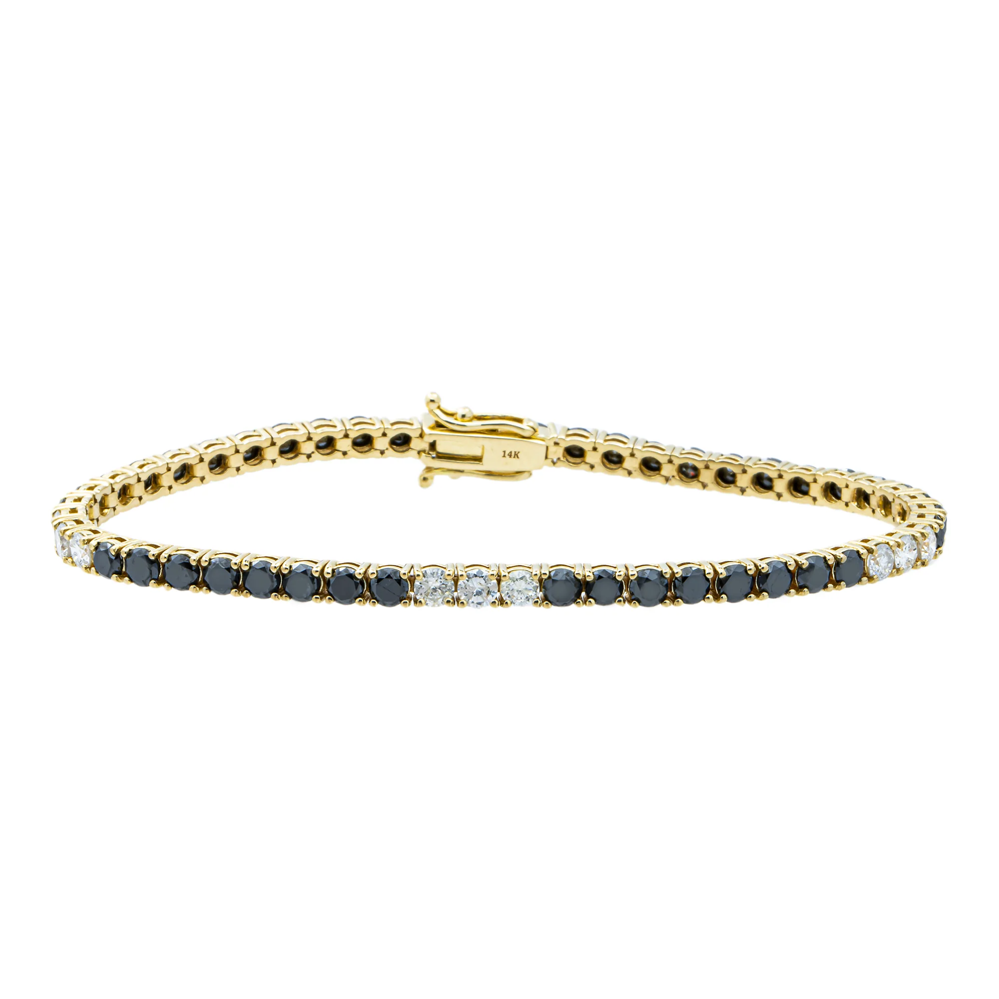14K Yellow Gold White & Black Round Diamond Tennis Bracelet 7.37ct