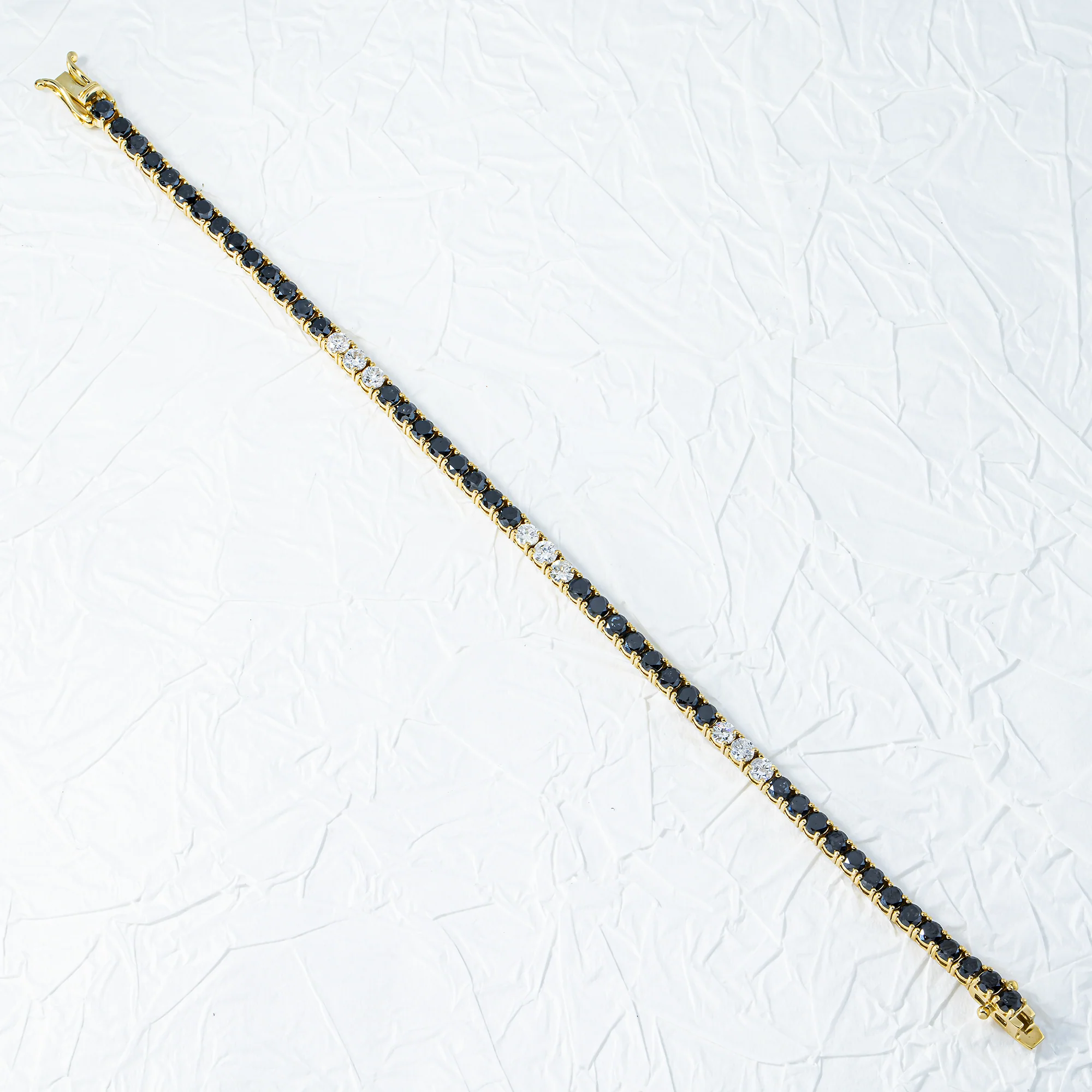 14K Yellow Gold White & Black Round Diamond Tennis Bracelet 7.37ct - Image 3