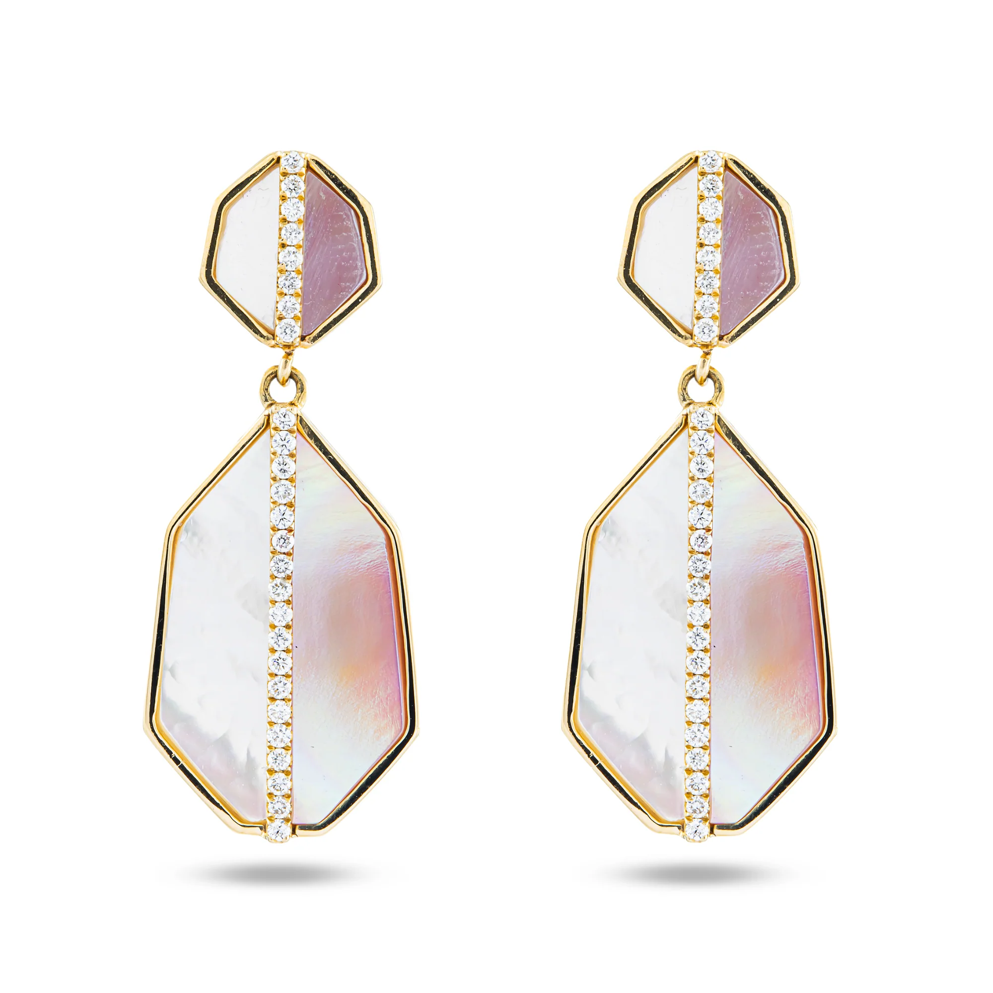 14K Yellow Gold White & Pink Mother of Pearl Diamond Drop Earrings 0.25ctw
