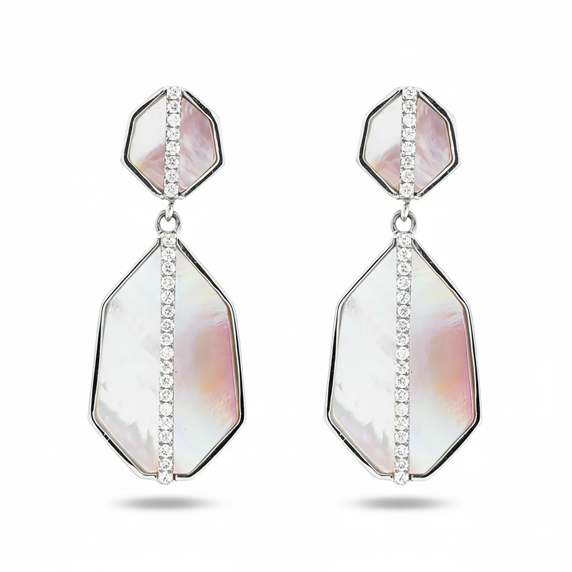 14K Yellow Gold White & Pink Mother of Pearl Diamond Drop Earrings 0.25ctw - Image 4