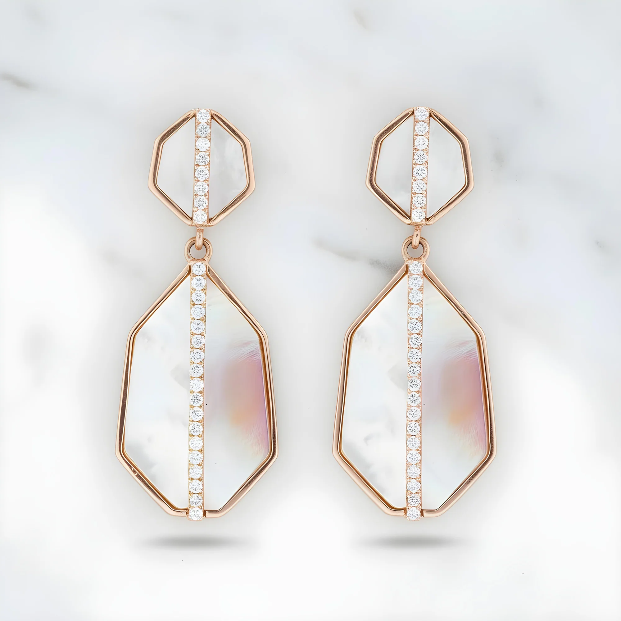 14K Yellow Gold White & Pink Mother of Pearl Diamond Drop Earrings 0.25ctw - Image 7