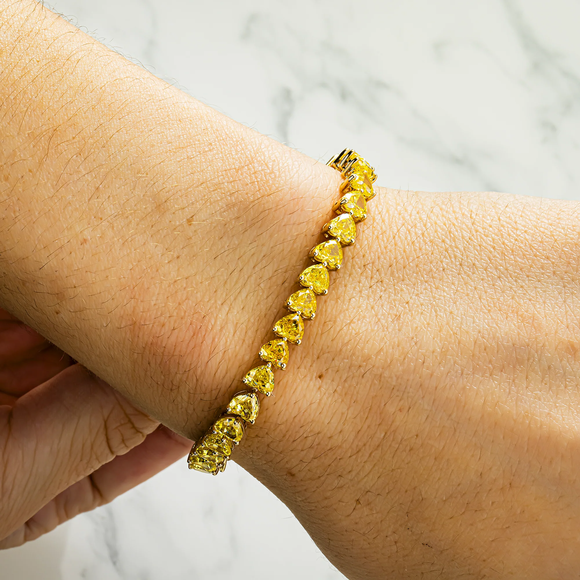 14K Yellow Gold Fancy Yellow Heart Cut Diamond Bracelet 19.10ct - Image 2