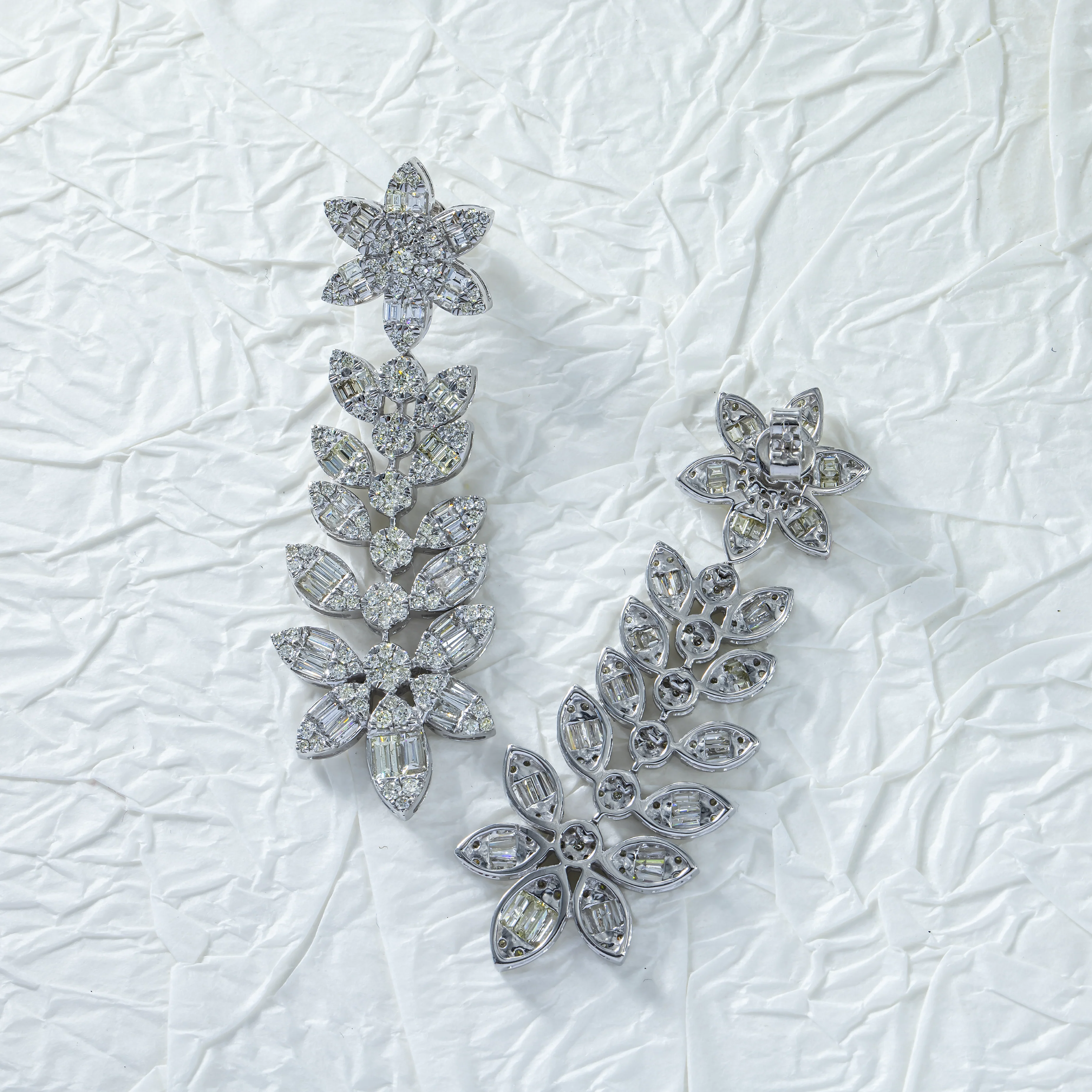14KWhite Gold Baguette & Round Diamond Flower Drop Earrings 5.15ctw - Image 3