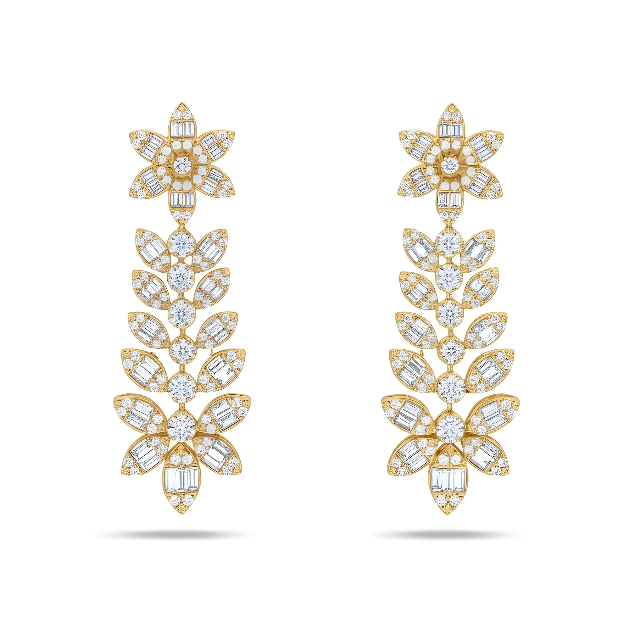 14KWhite Gold Baguette & Round Diamond Flower Drop Earrings 5.15ctw - Image 4