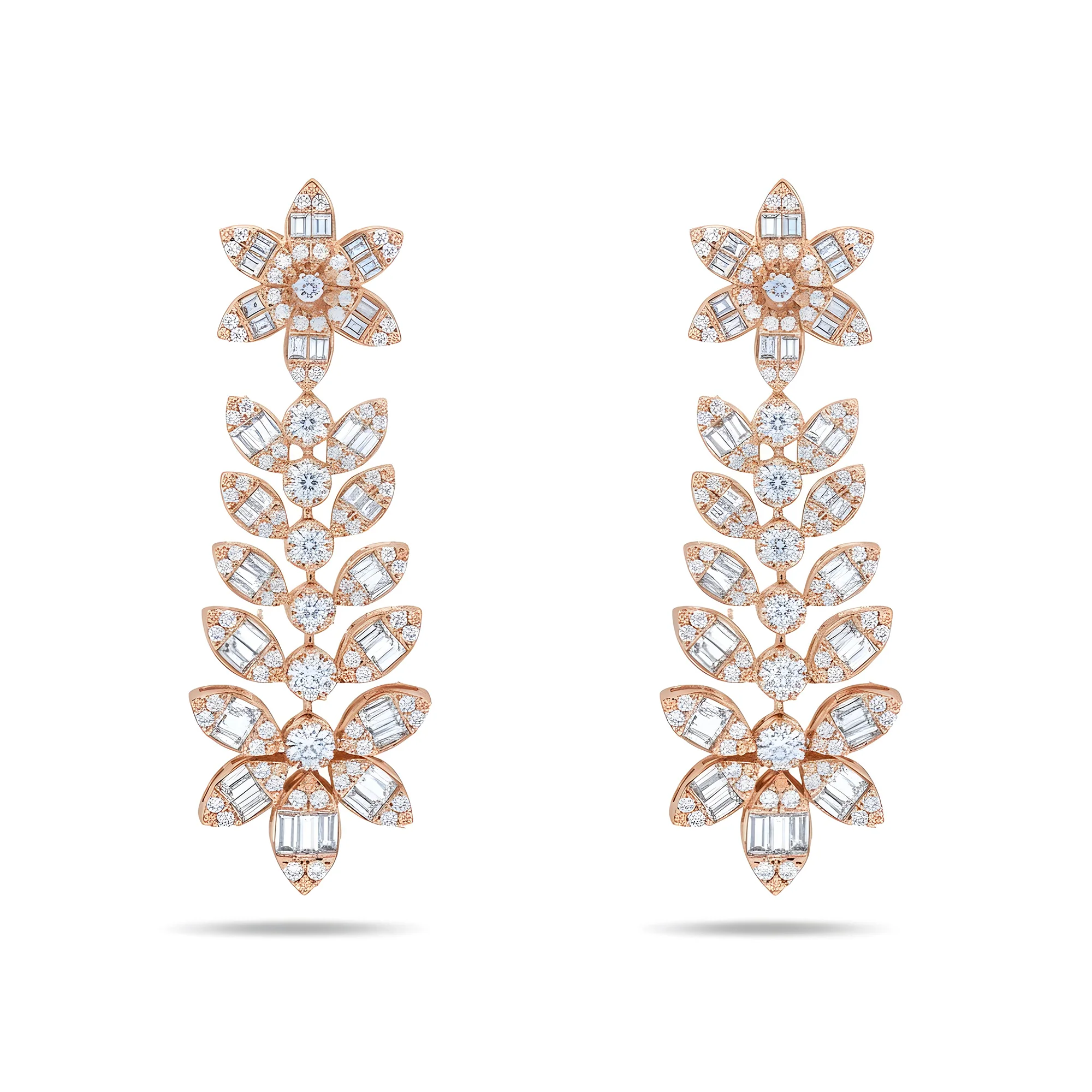 14KWhite Gold Baguette & Round Diamond Flower Drop Earrings 5.15ctw - Image 6