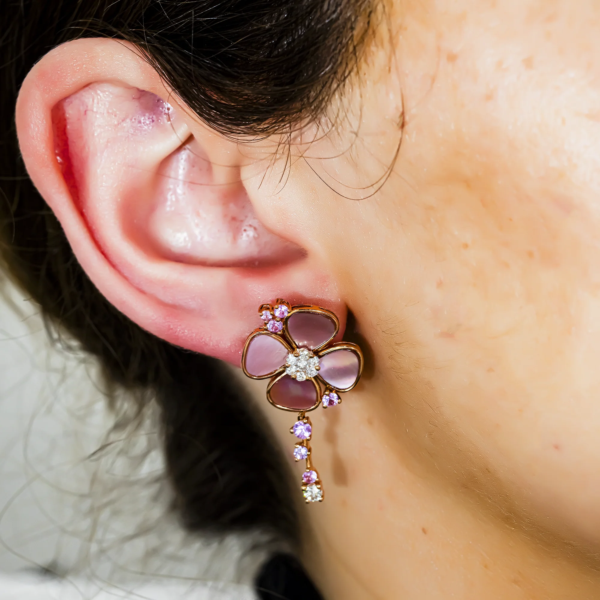 18K Rose Gold Pink Mother of Pearl/Sapphire & Diamond Flower Drop Earrings 0.52ctw - Image 2