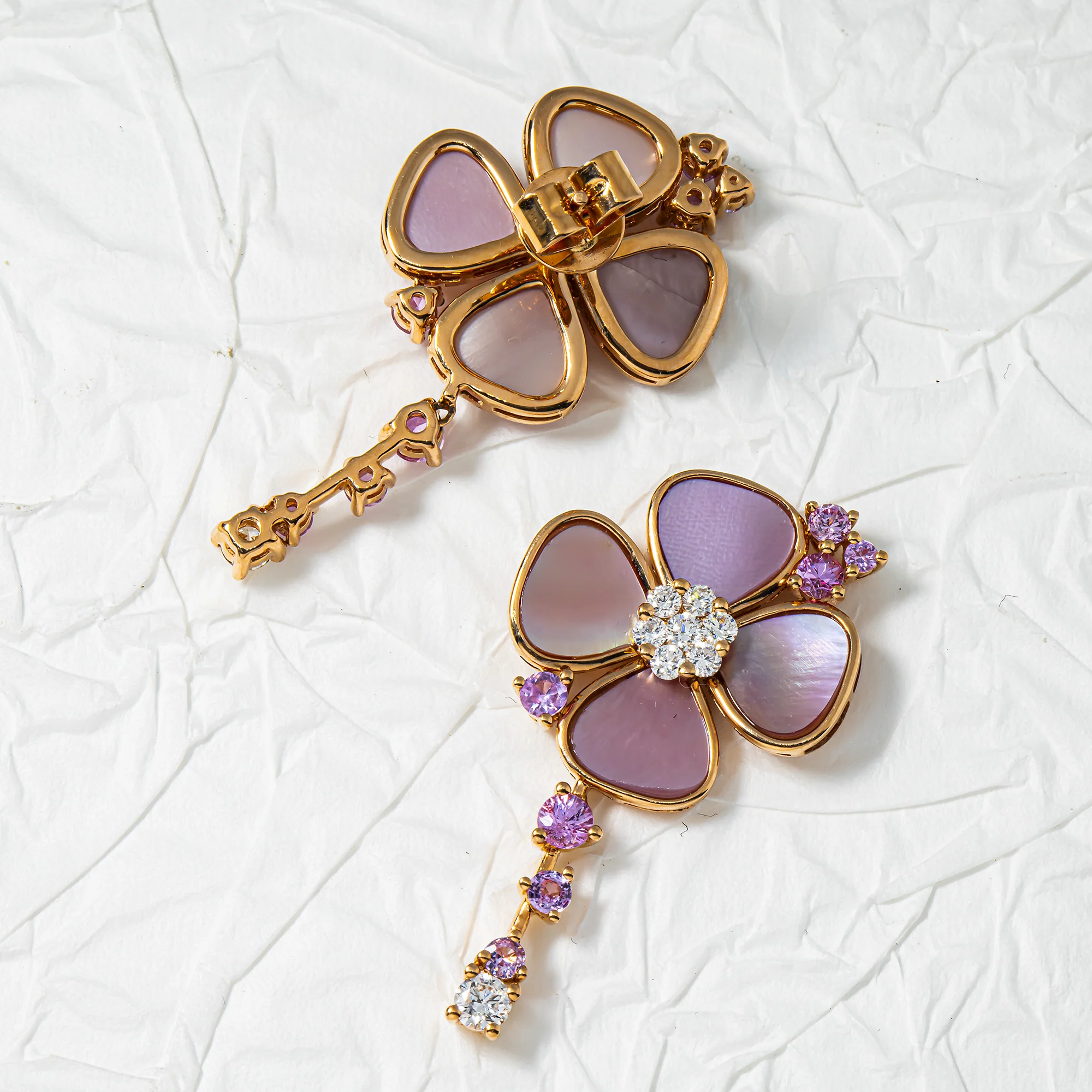 18K Rose Gold Pink Mother of Pearl/Sapphire & Diamond Flower Drop Earrings 0.52ctw - Image 3