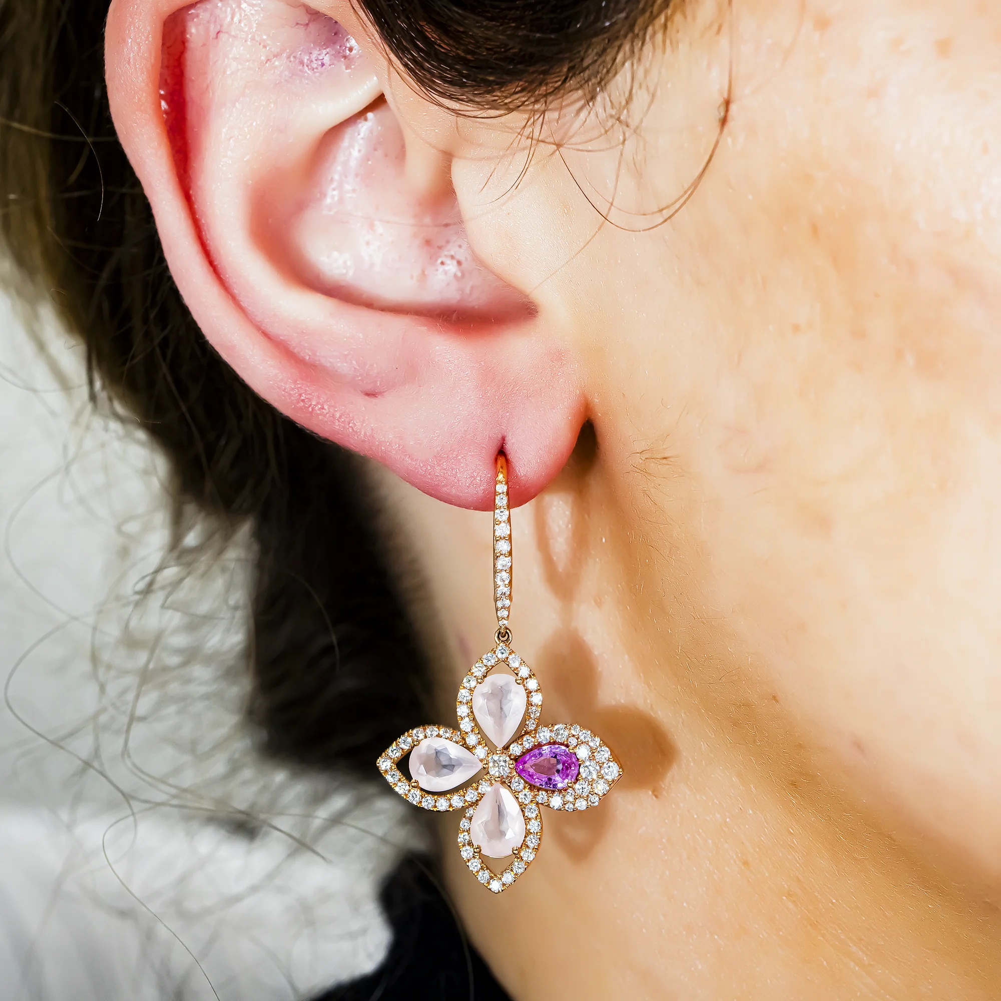 18K Rose Gold Pink Sapphire/Quartz & Diamond Flower Drop Earrings 1.30ctw - Image 2