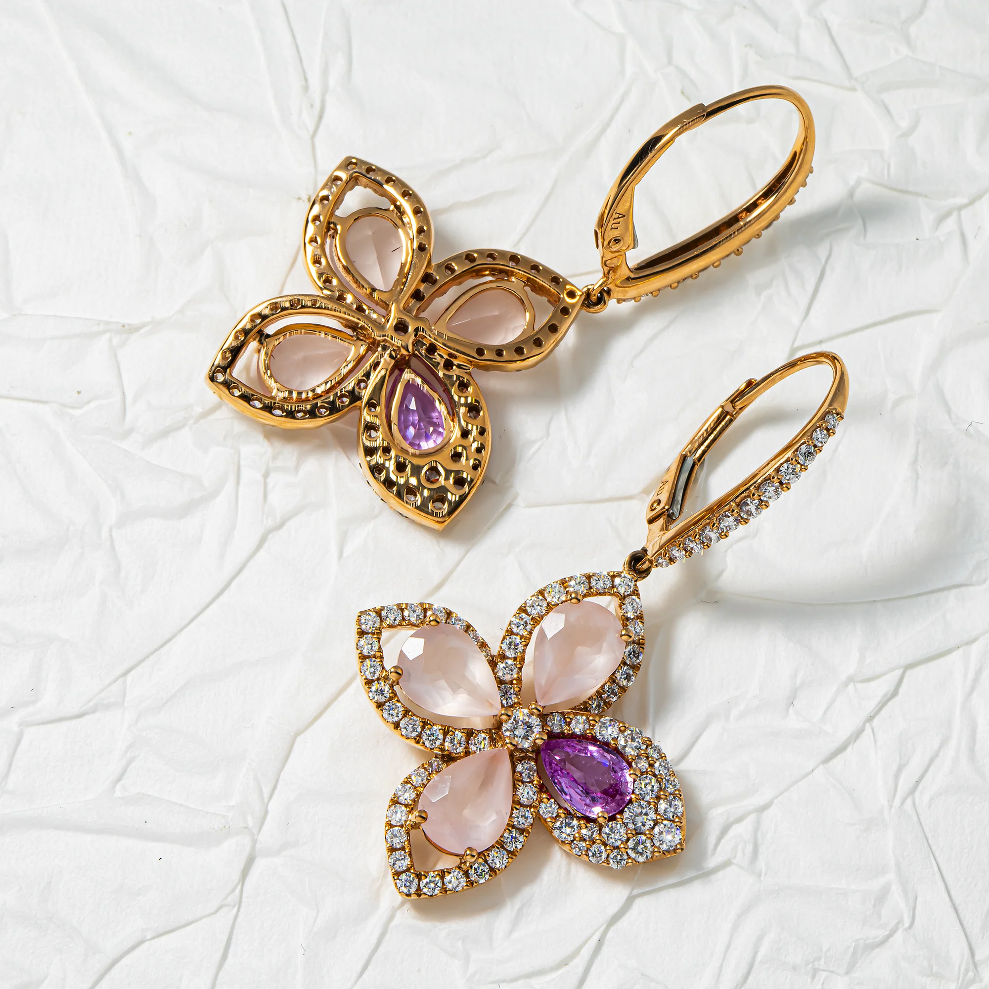 18K Rose Gold Pink Sapphire/Quartz & Diamond Flower Drop Earrings 1.30ctw - Image 3