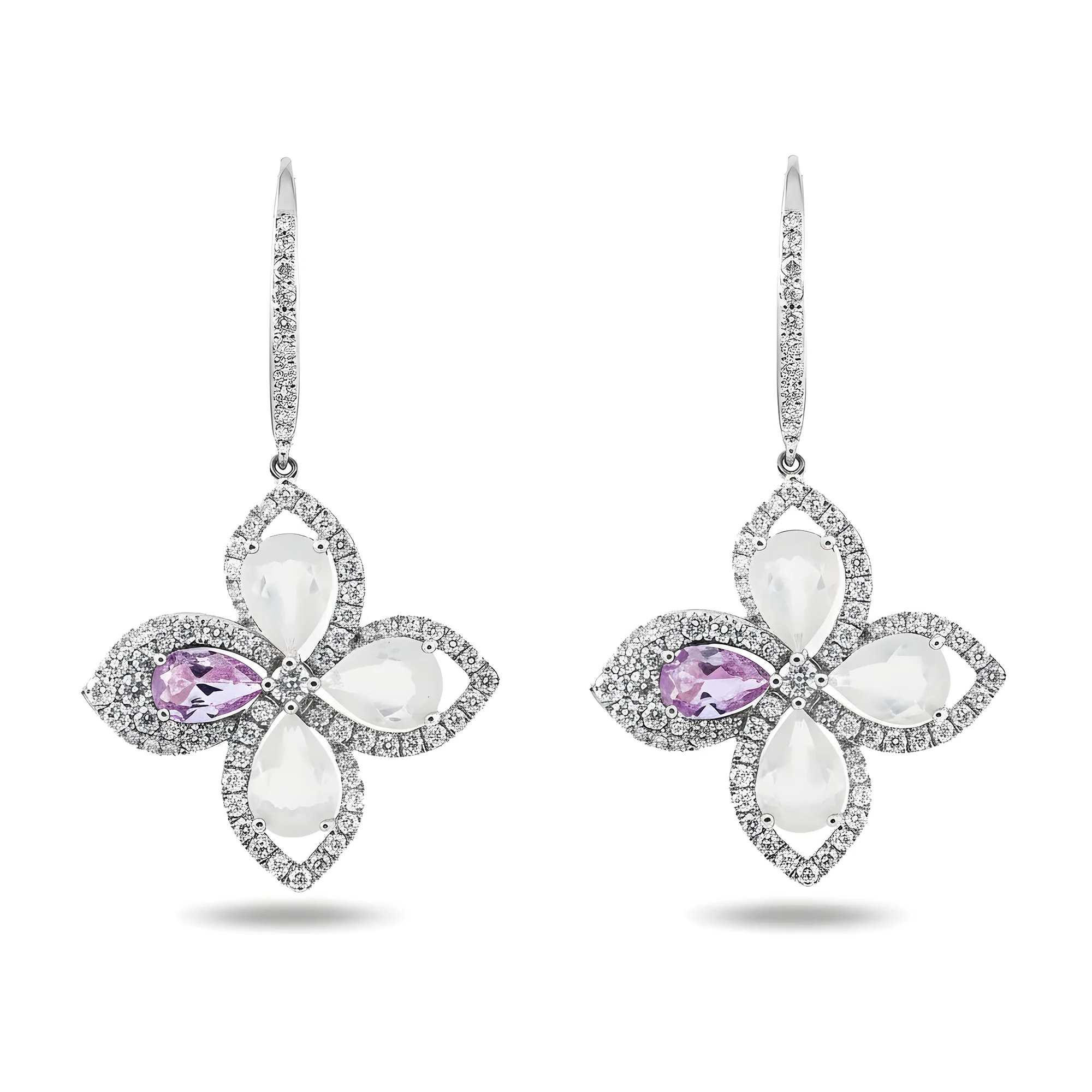 18K Rose Gold Pink Sapphire/Quartz & Diamond Flower Drop Earrings 1.30ctw - Image 4