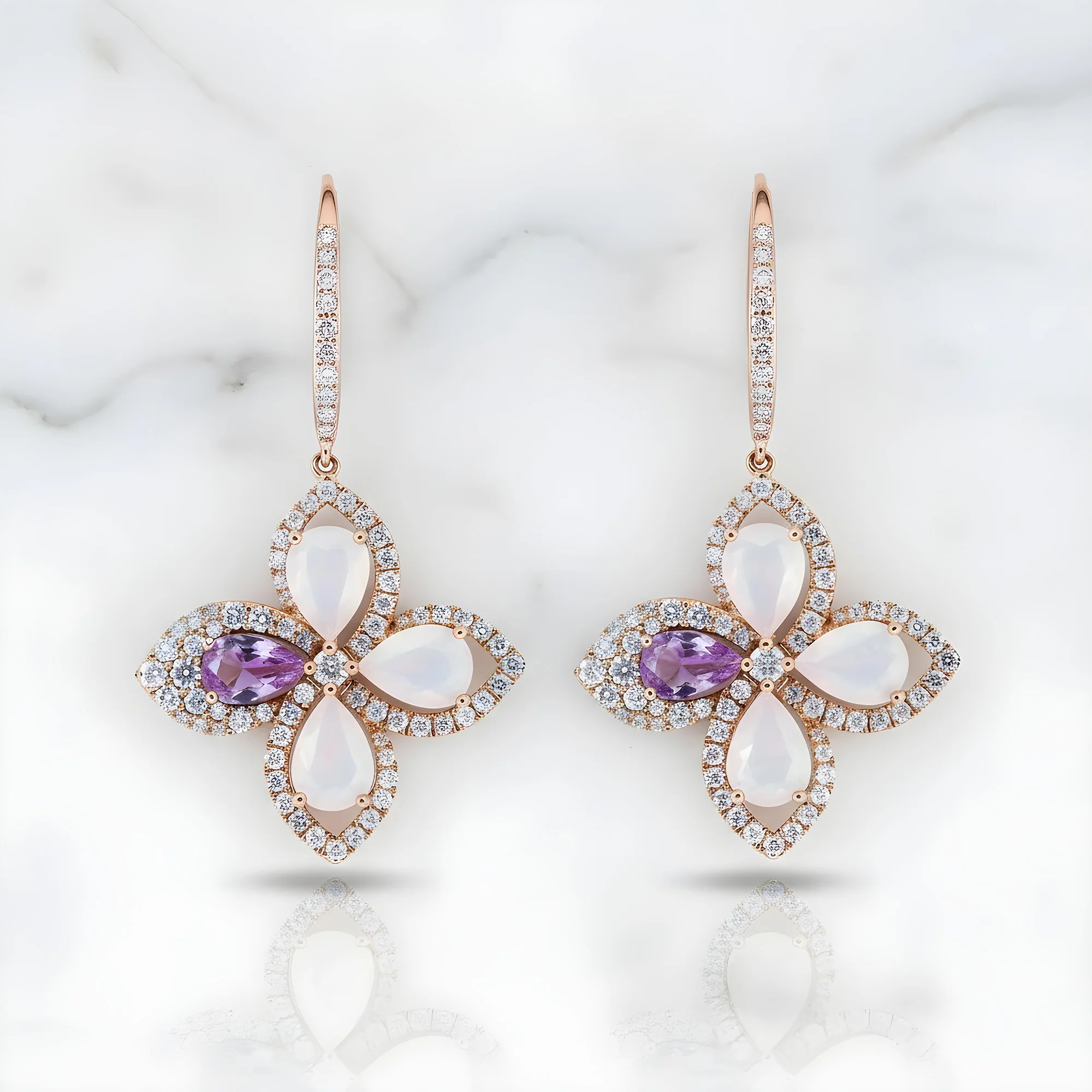 18K Rose Gold Pink Sapphire/Quartz & Diamond Flower Drop Earrings 1.30ctw - Image 5