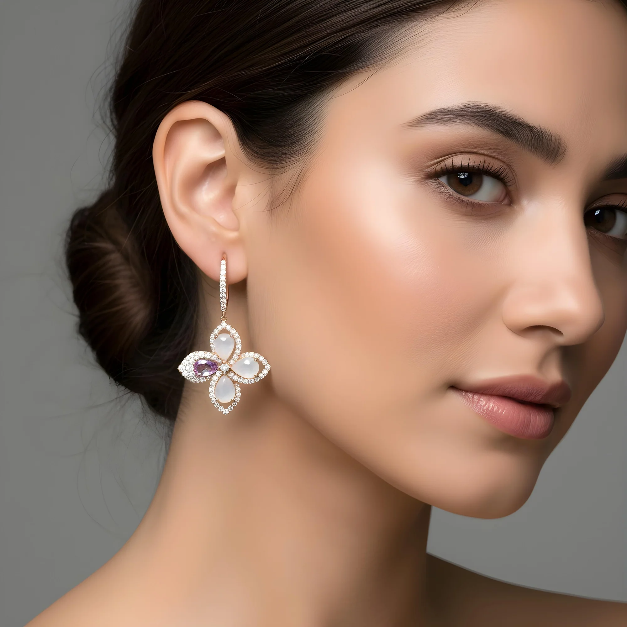 18K Rose Gold Pink Sapphire/Quartz & Diamond Flower Drop Earrings 1.30ctw - Image 6