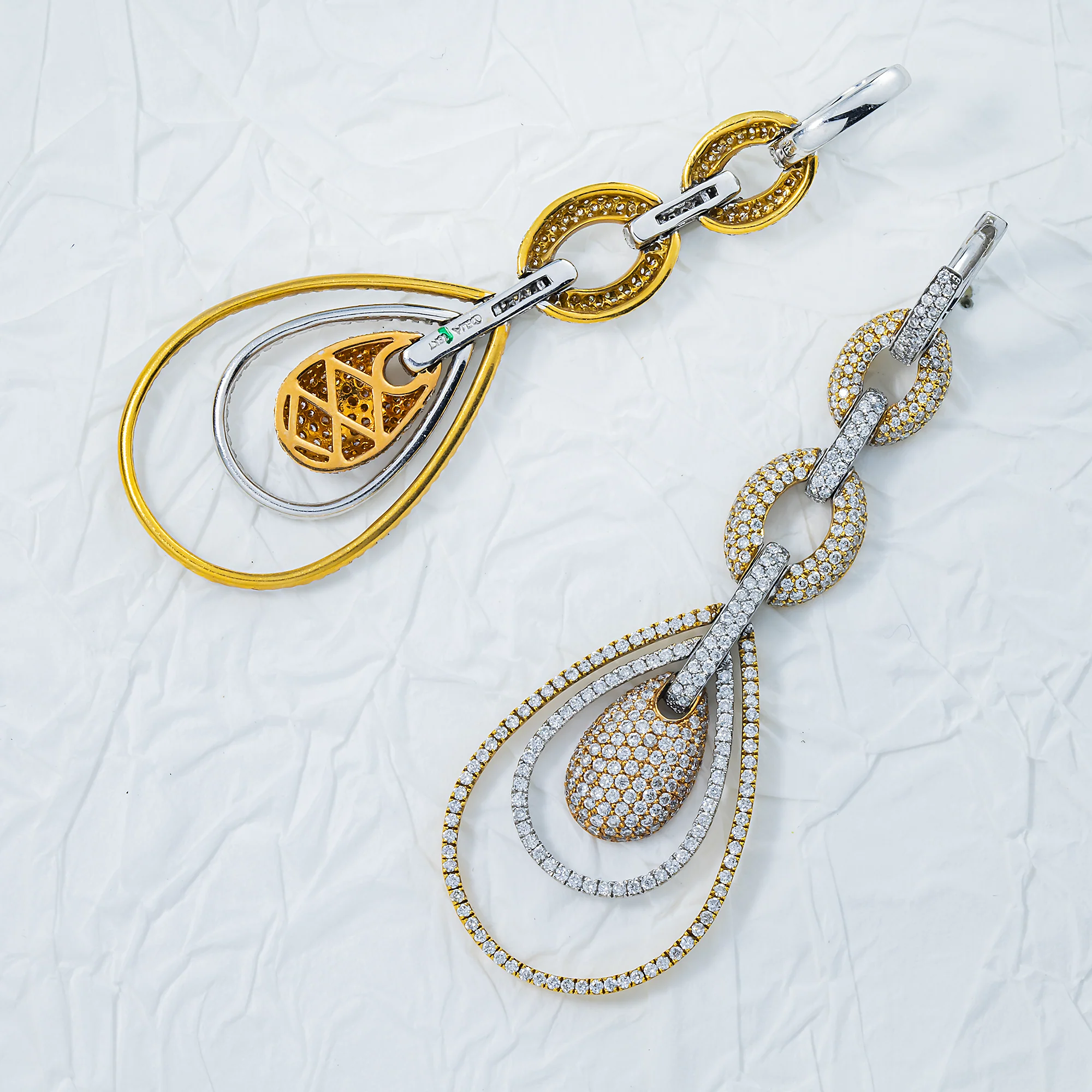 18K Tri Color Chain Link Round Diamond Drop Earrings 4.57ctw - Image 3