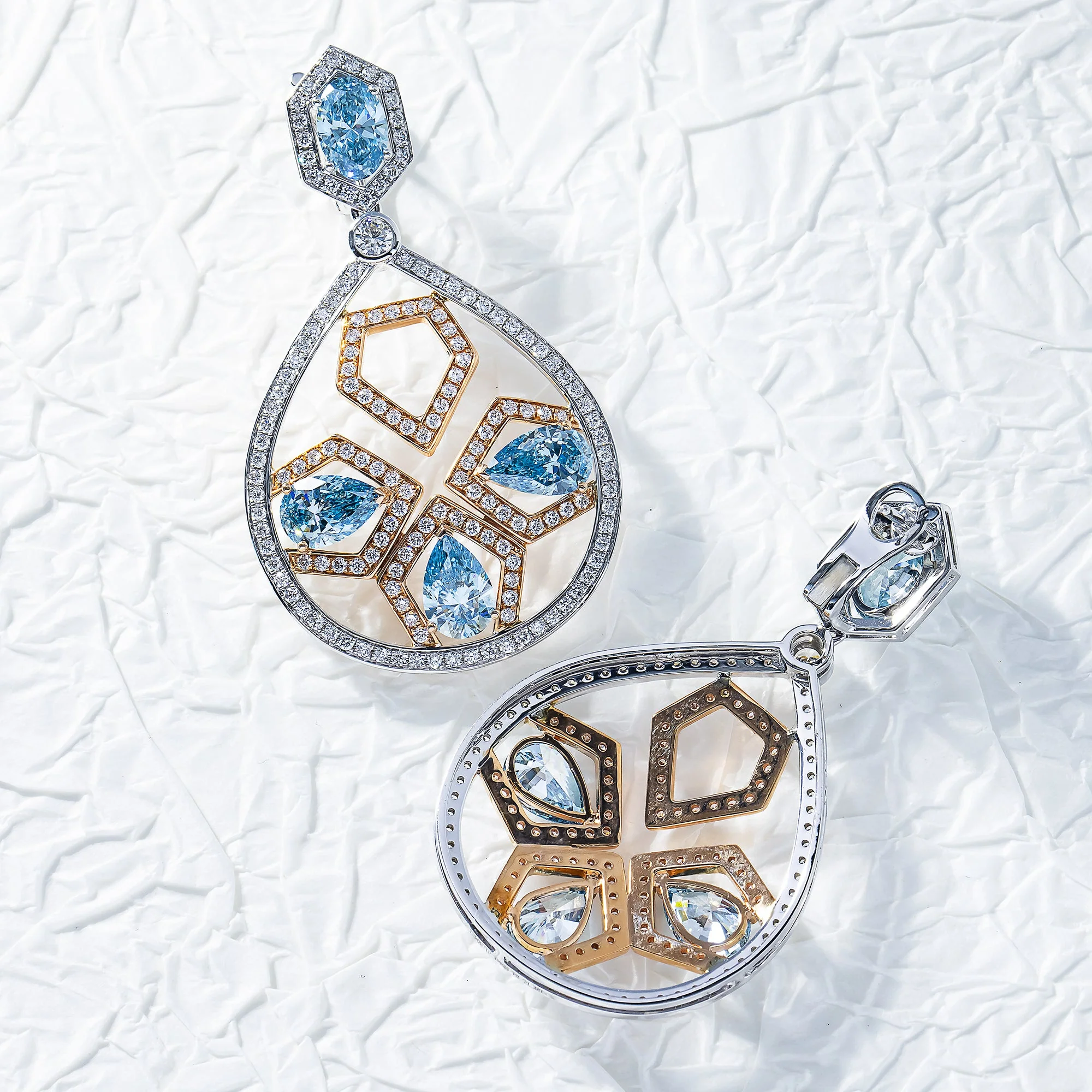 18K Two Tone Blue Diamond Geometric Drop Earrings 11.71ctw - Image 3