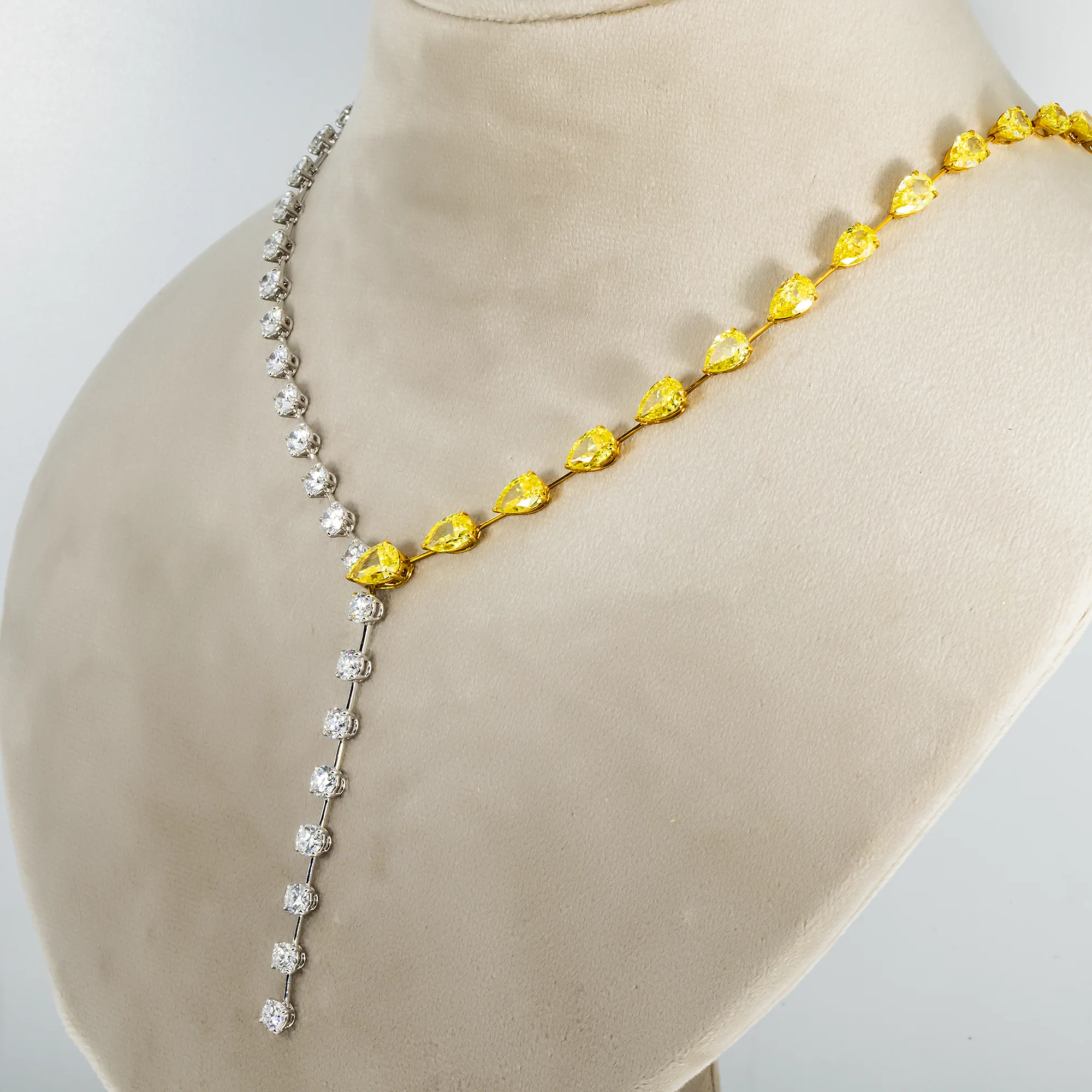 18K Two Tone Fancy Yellow Pear Cut & Round Diamond Adjustable Drop Necklace - Image 3