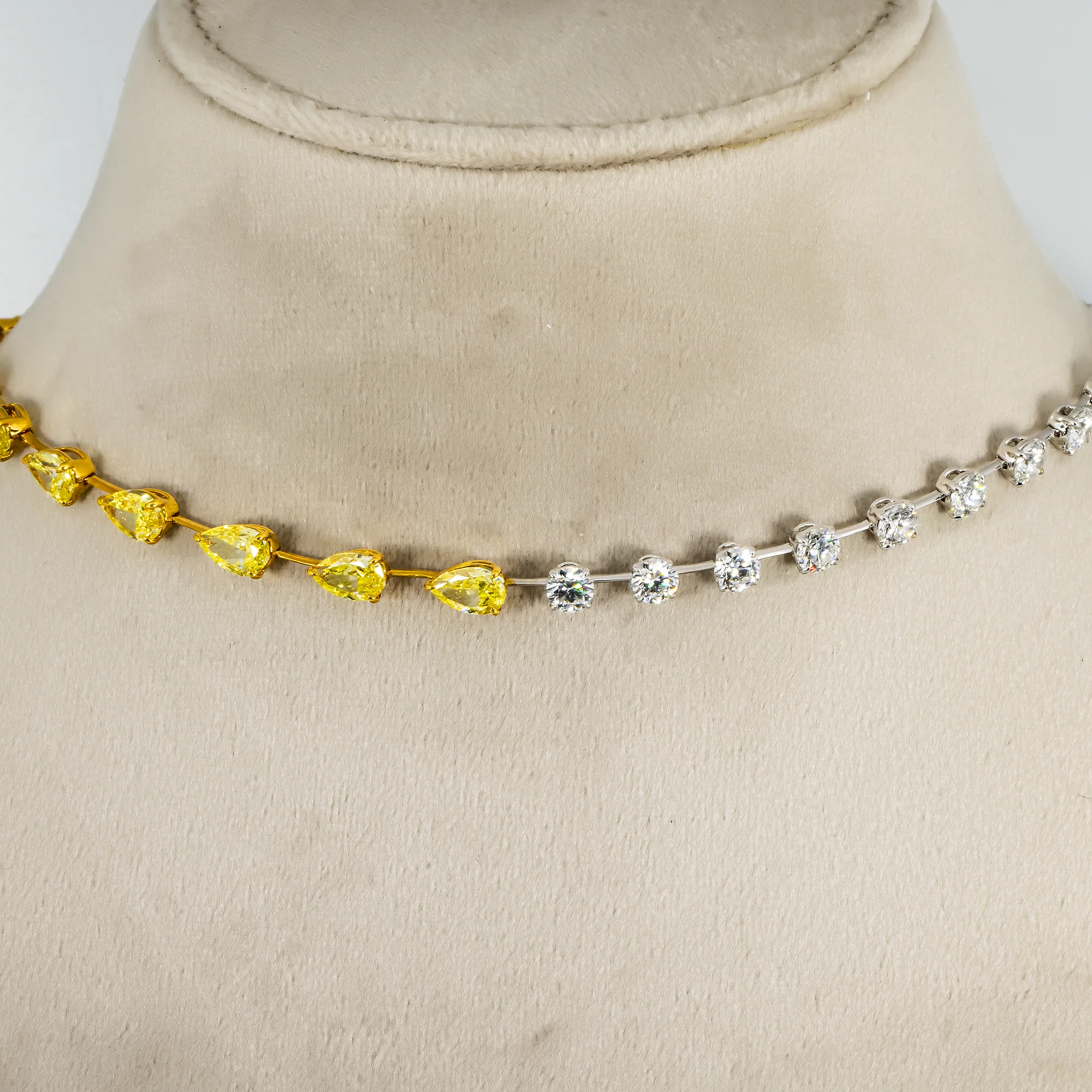 18K Two Tone Fancy Yellow Pear Cut & Round Diamond Adjustable Drop Necklace - Image 4