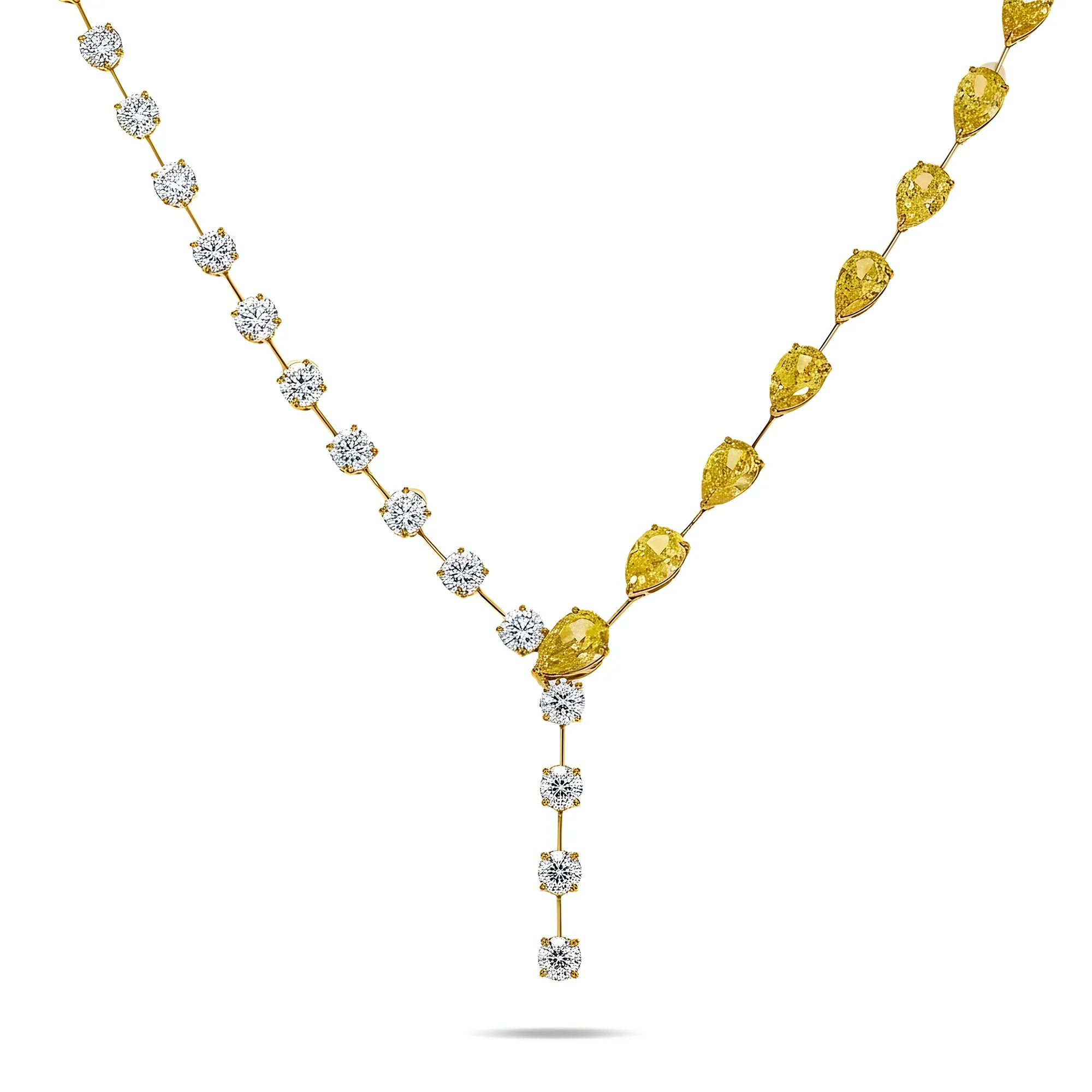 18K Two Tone Fancy Yellow Pear Cut & Round Diamond Adjustable Drop Necklace - Image 5
